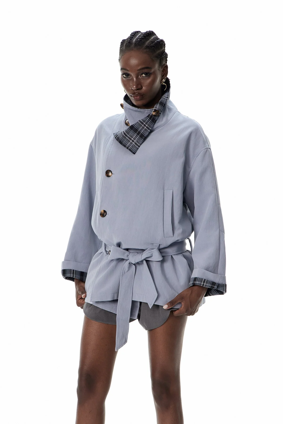 Grid Pattern Stand Collar Jacket - Versatile Modern Design