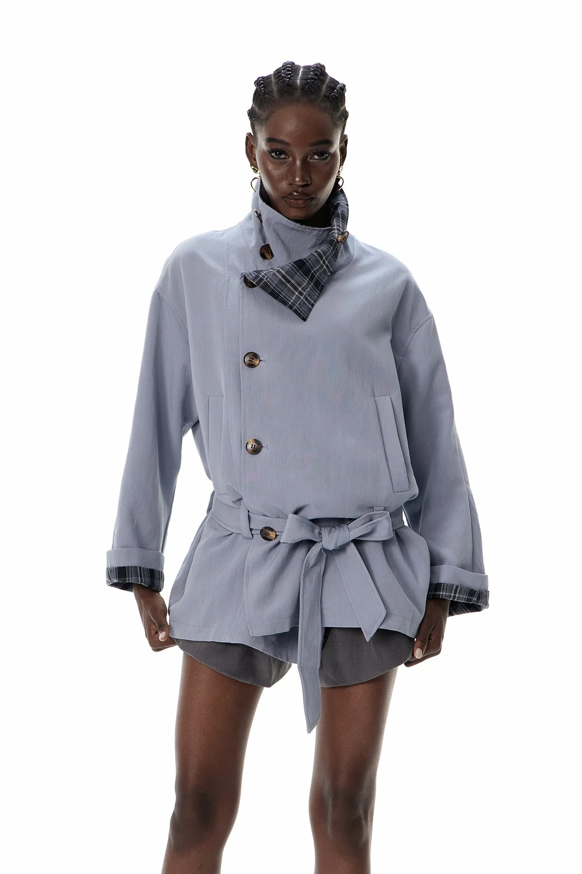 Grid Pattern Stand Collar Jacket - Versatile Modern Design