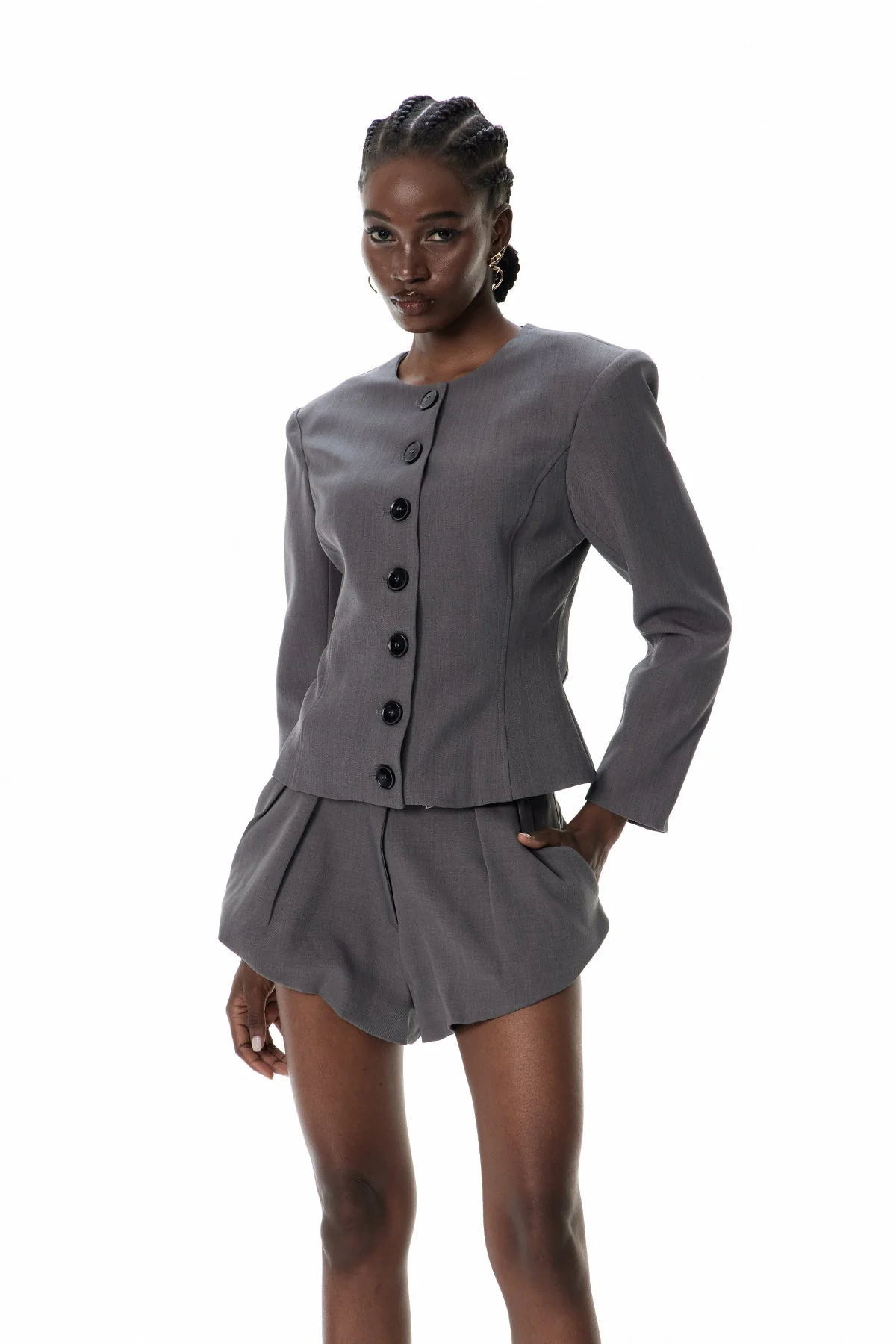 Grey Crew Neck Button Pants Set