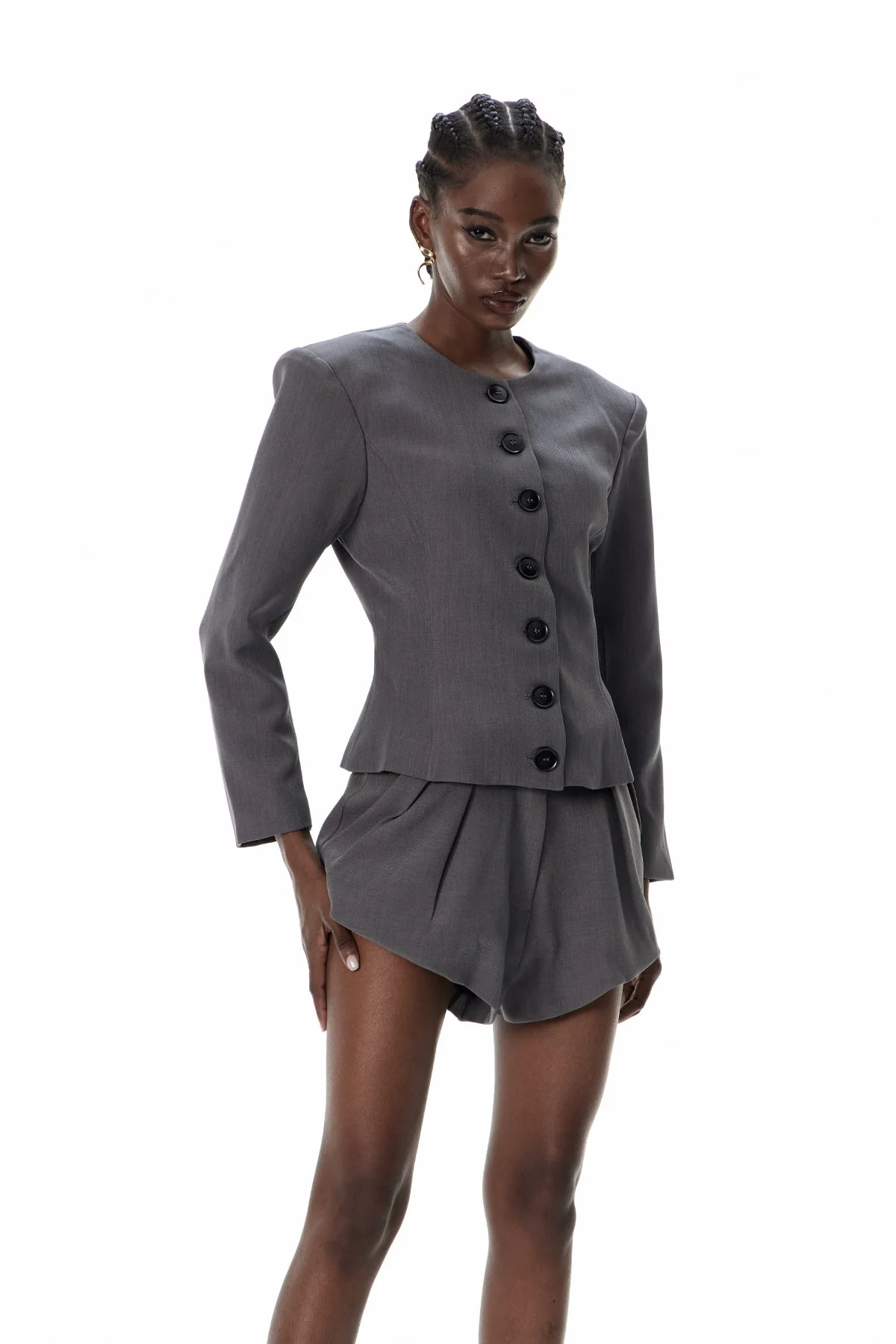 Grey Crew Neck Button Pants Set