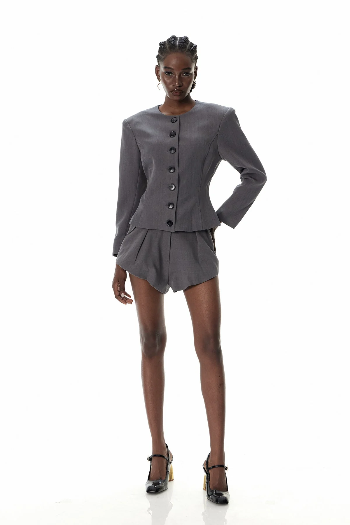 Grey Crew Neck Button Pants Set