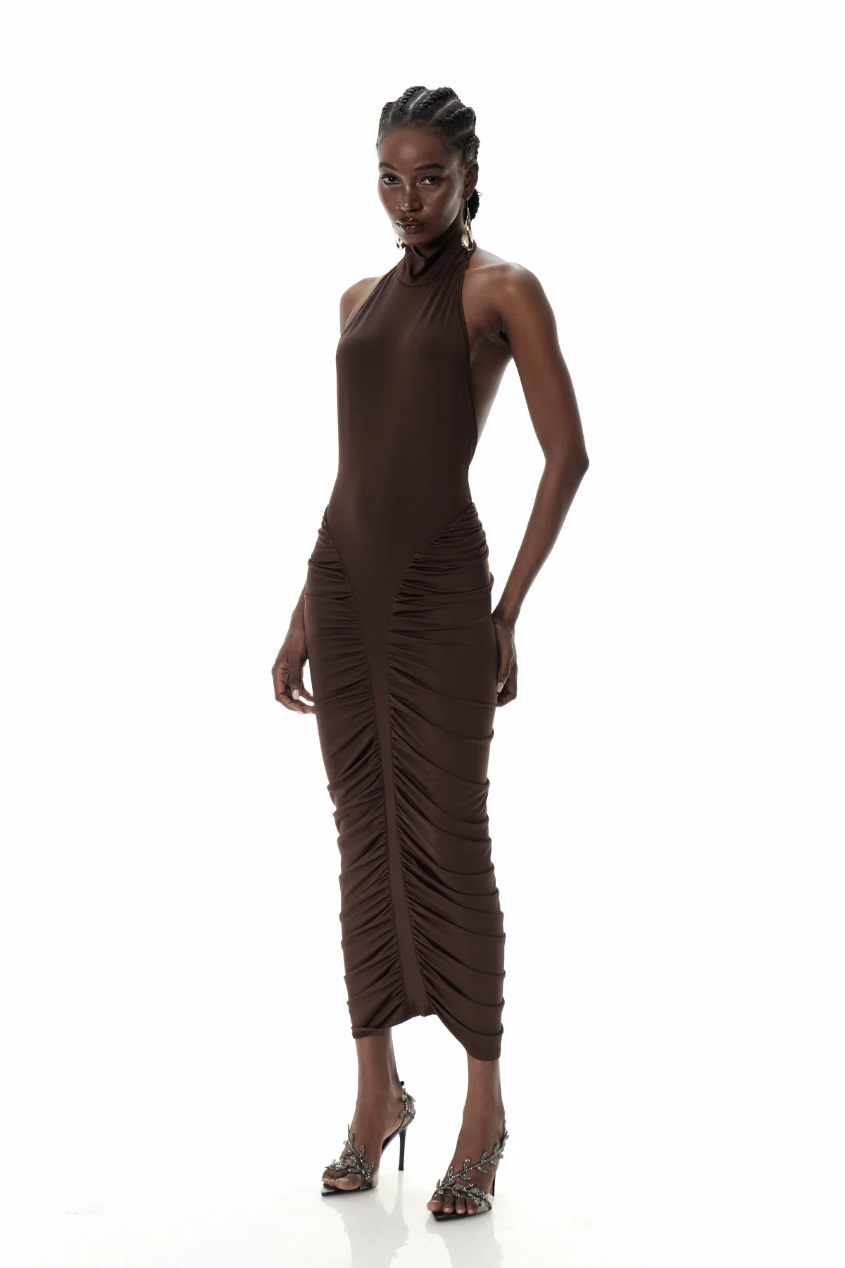 Brown Drawstring Ruch Midi Dress - Stylish & Comfortable