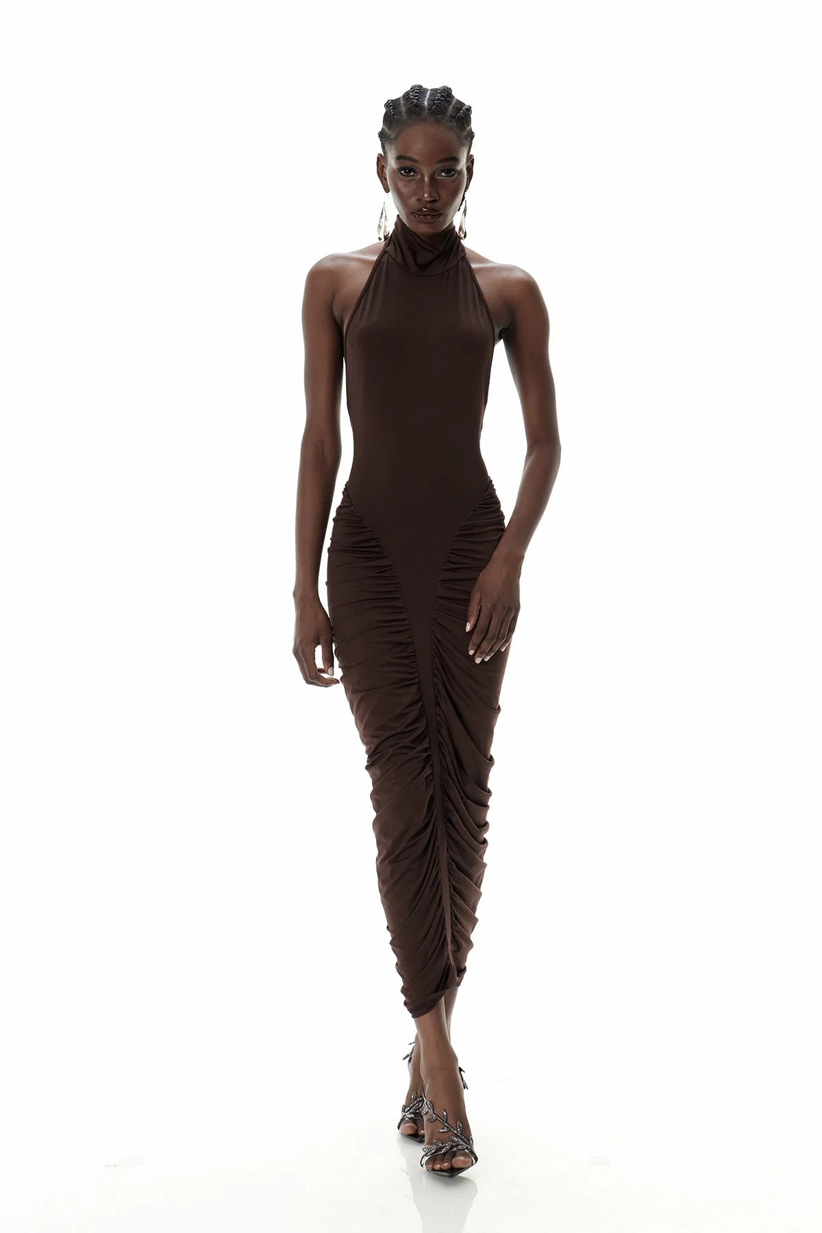 Brown Drawstring Ruch Midi Dress - Stylish & Comfortable