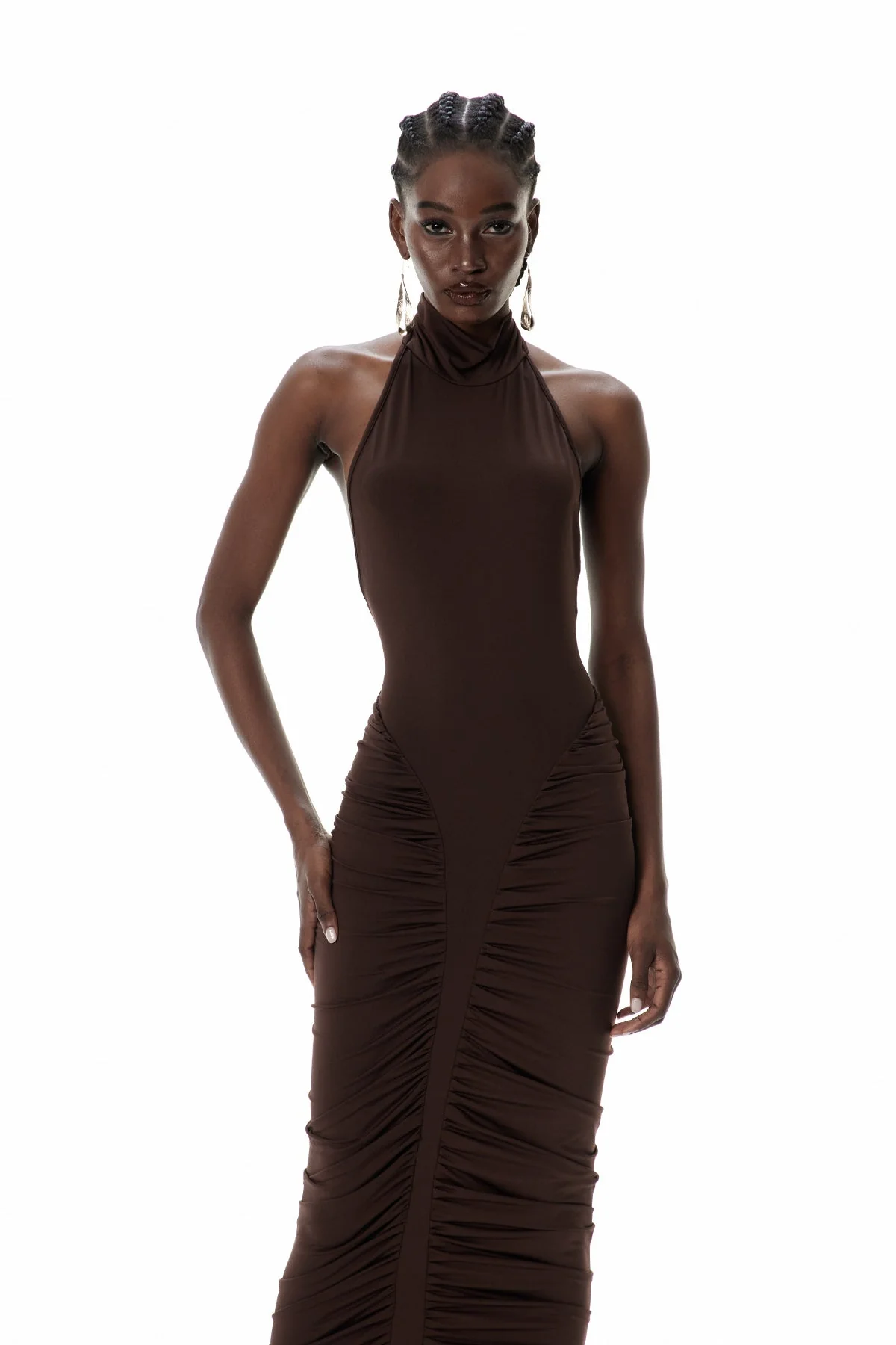 Brown Drawstring Ruch Midi Dress - Stylish & Comfortable