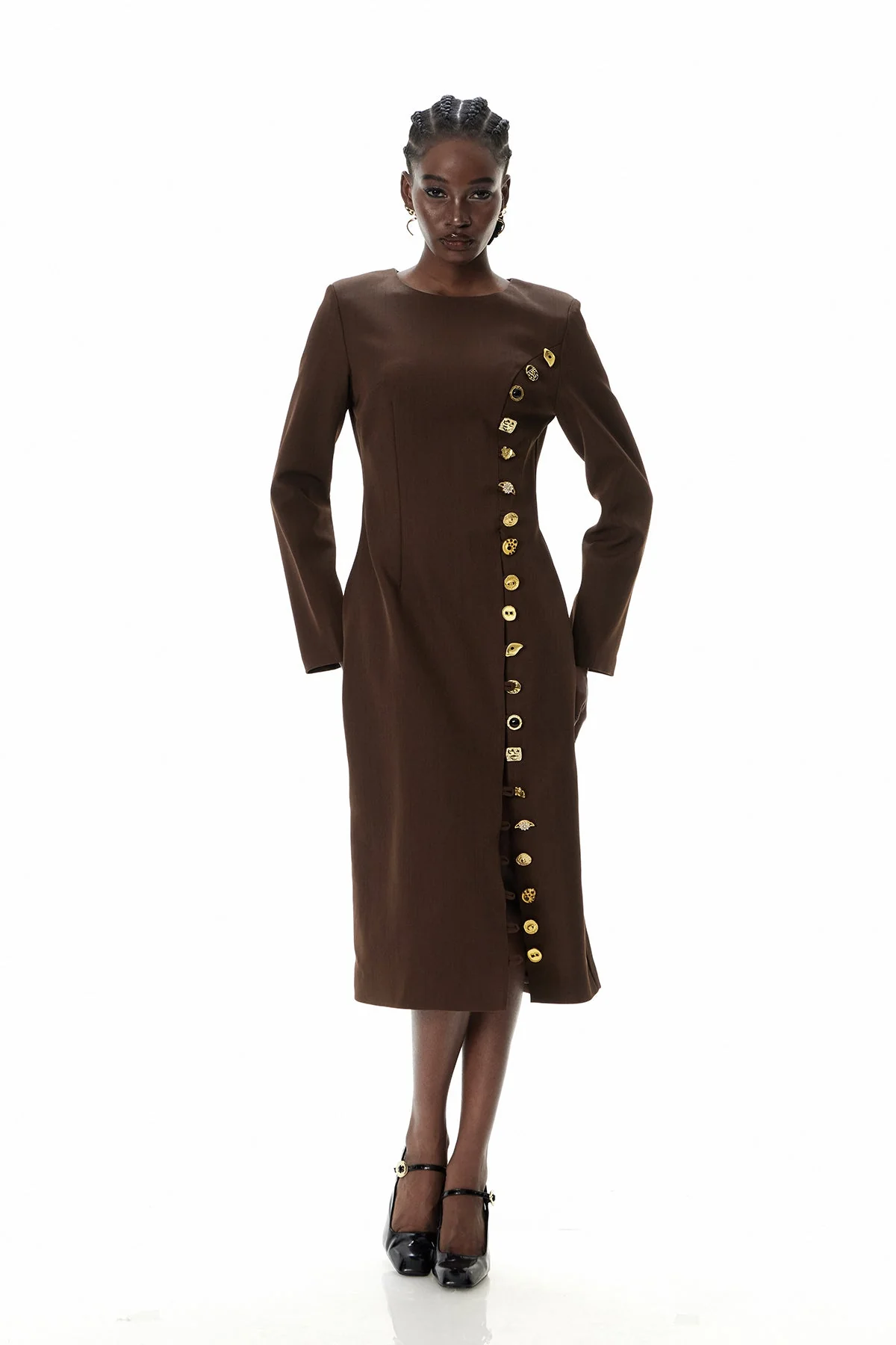 Elegant Brown Midi Dress with Split Design