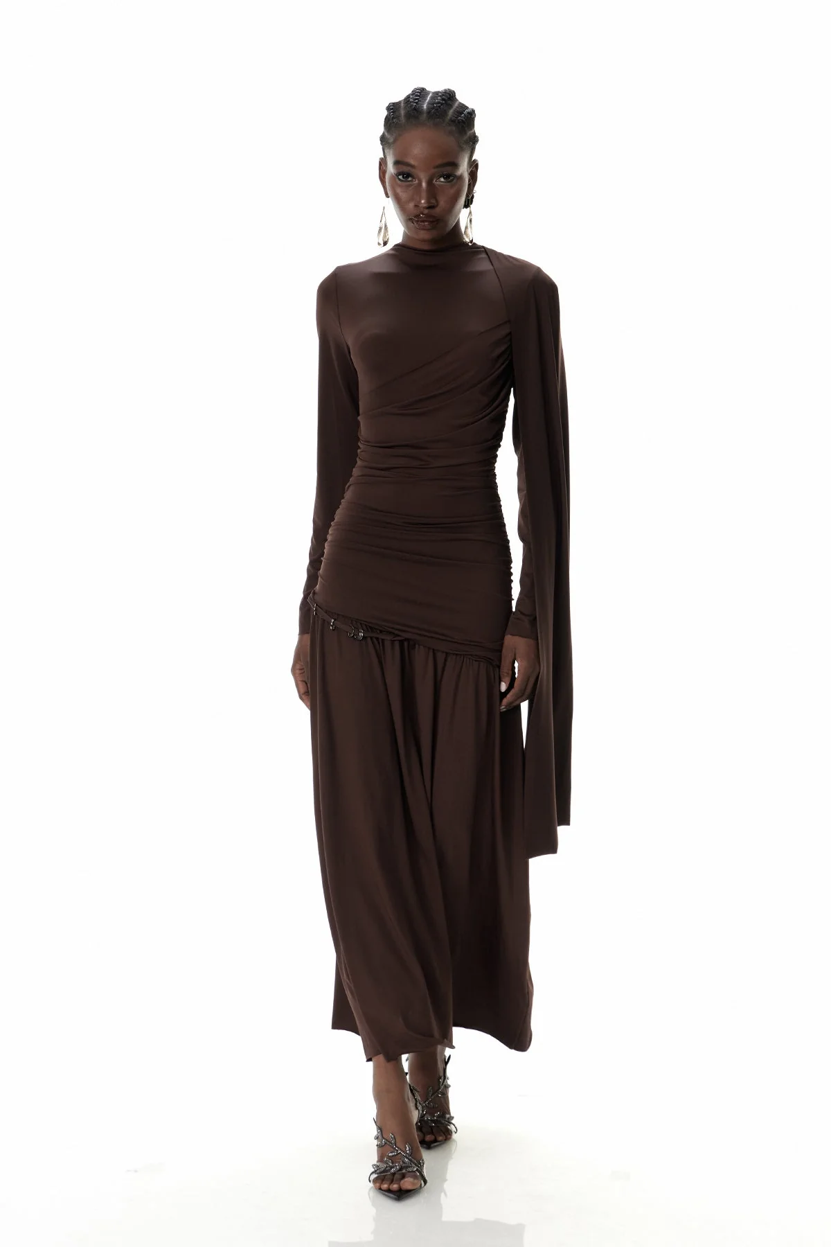 Brown Ruch Maxi Dress with Shawl Neckline