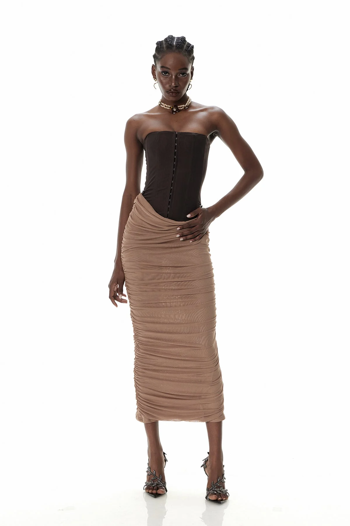 Brown Ruched Maxi Corset Dress Elegant Evening Wear