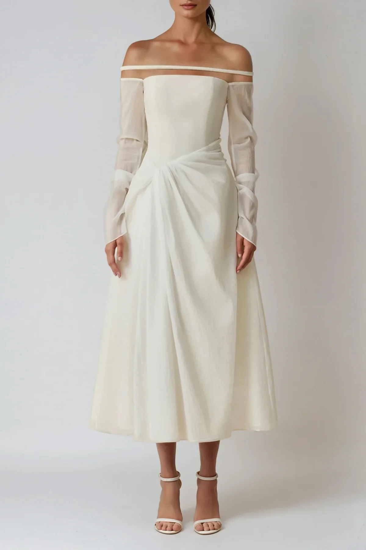 White Mesh Off Shoulder Ruched Midi Dress