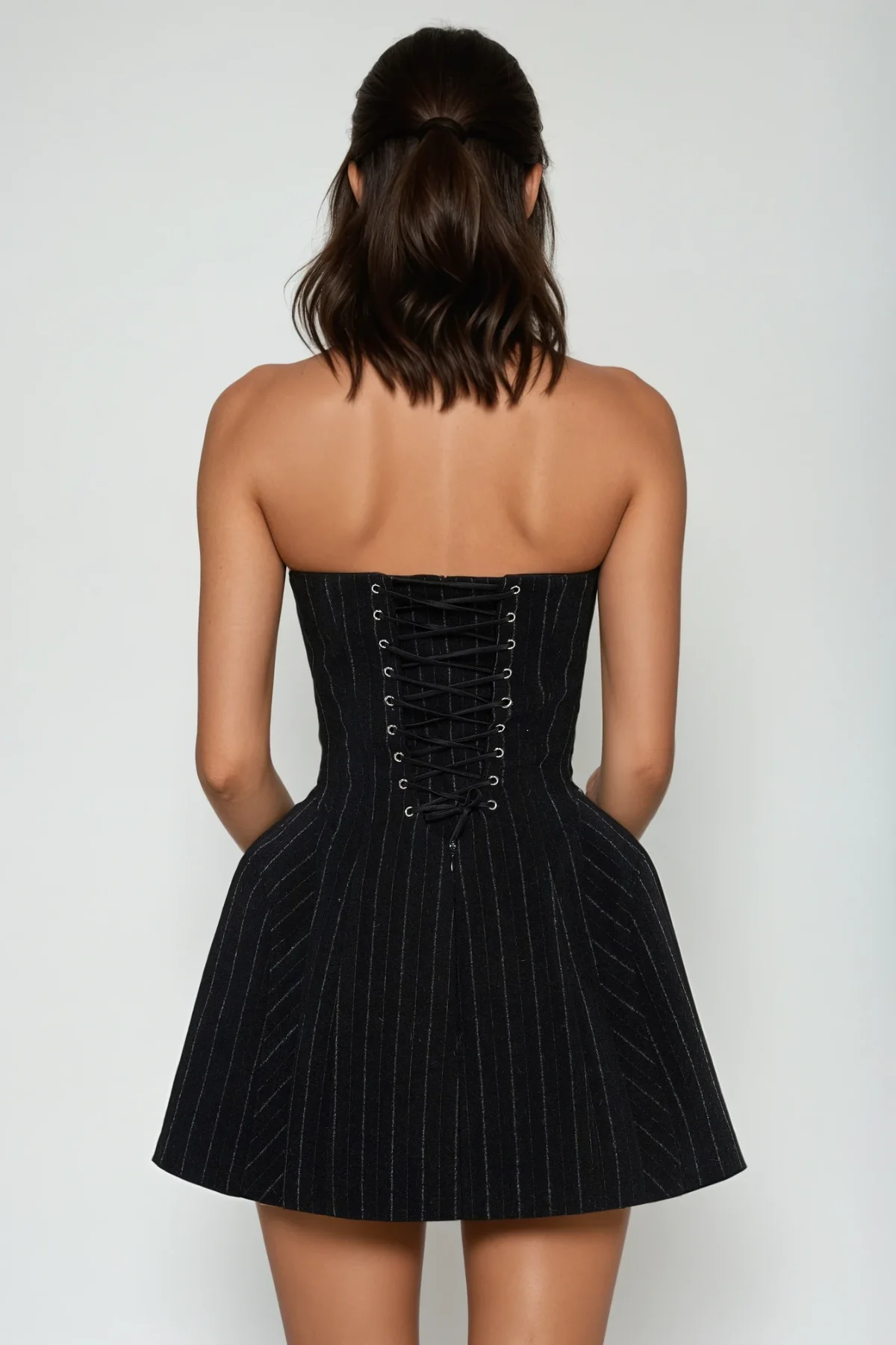 Modern Strapless Stripe Mini Dress - Elegant Black Design