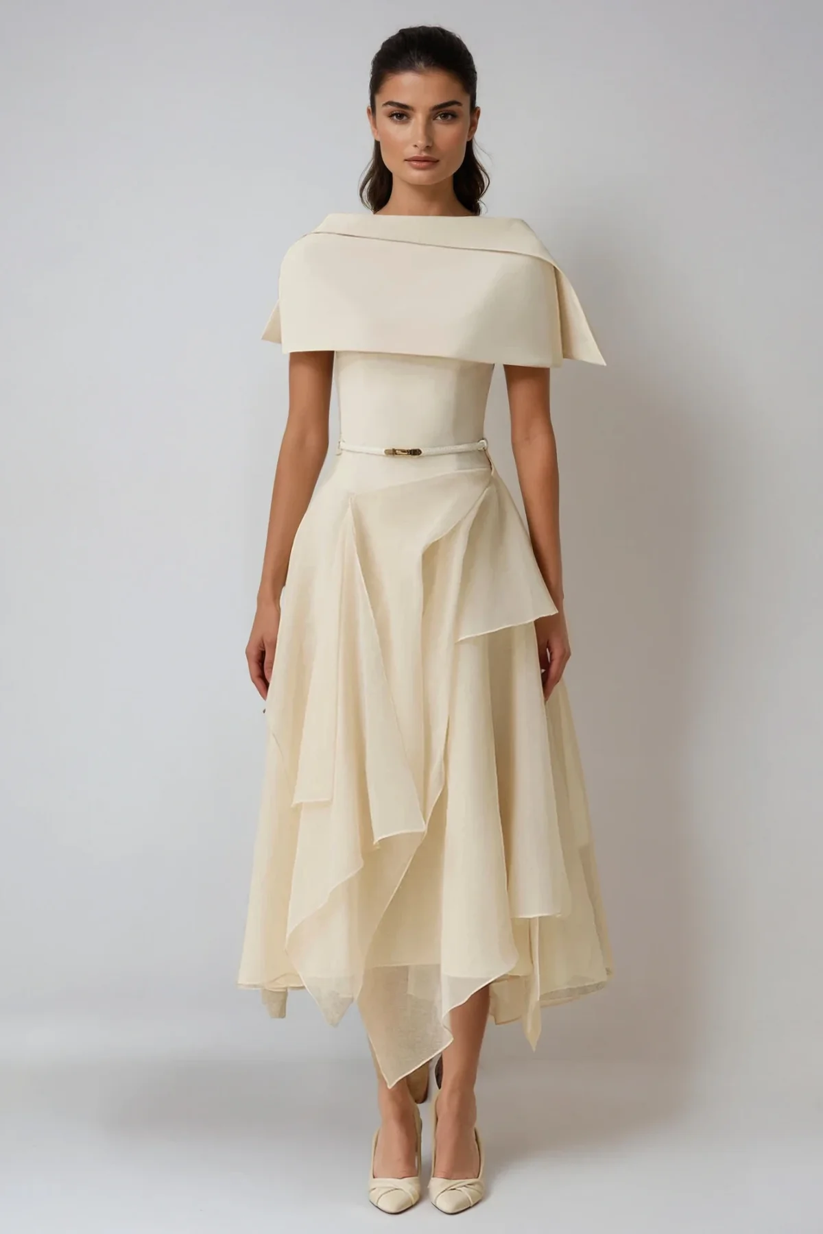 Beige Ruffle Midi Dress with Shawl Collar