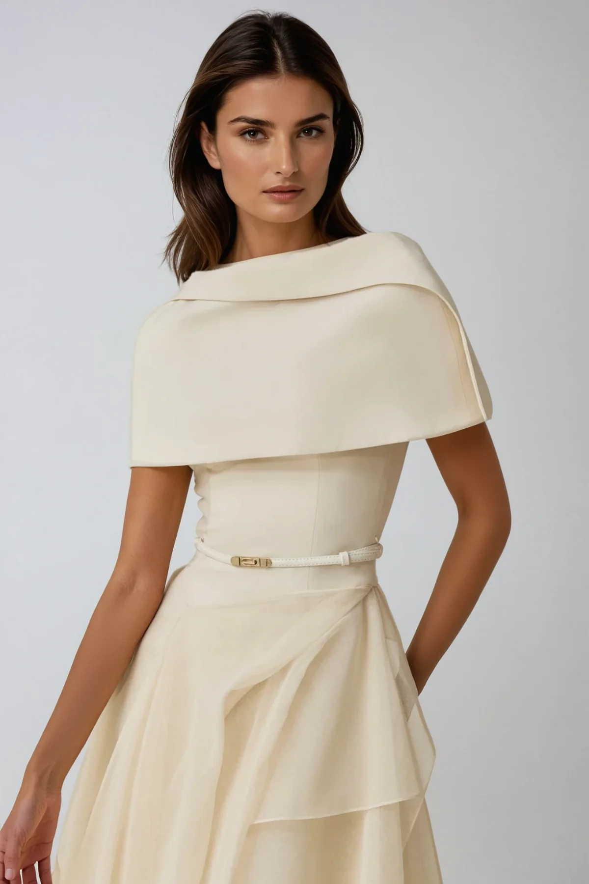 Beige Ruffle Midi Dress with Shawl Collar
