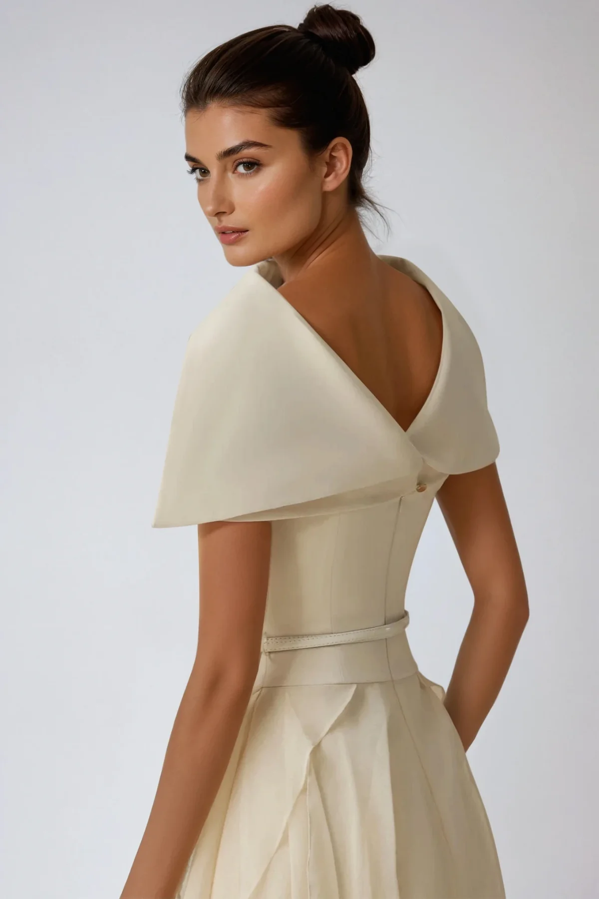 Beige Ruffle Midi Dress with Shawl Collar