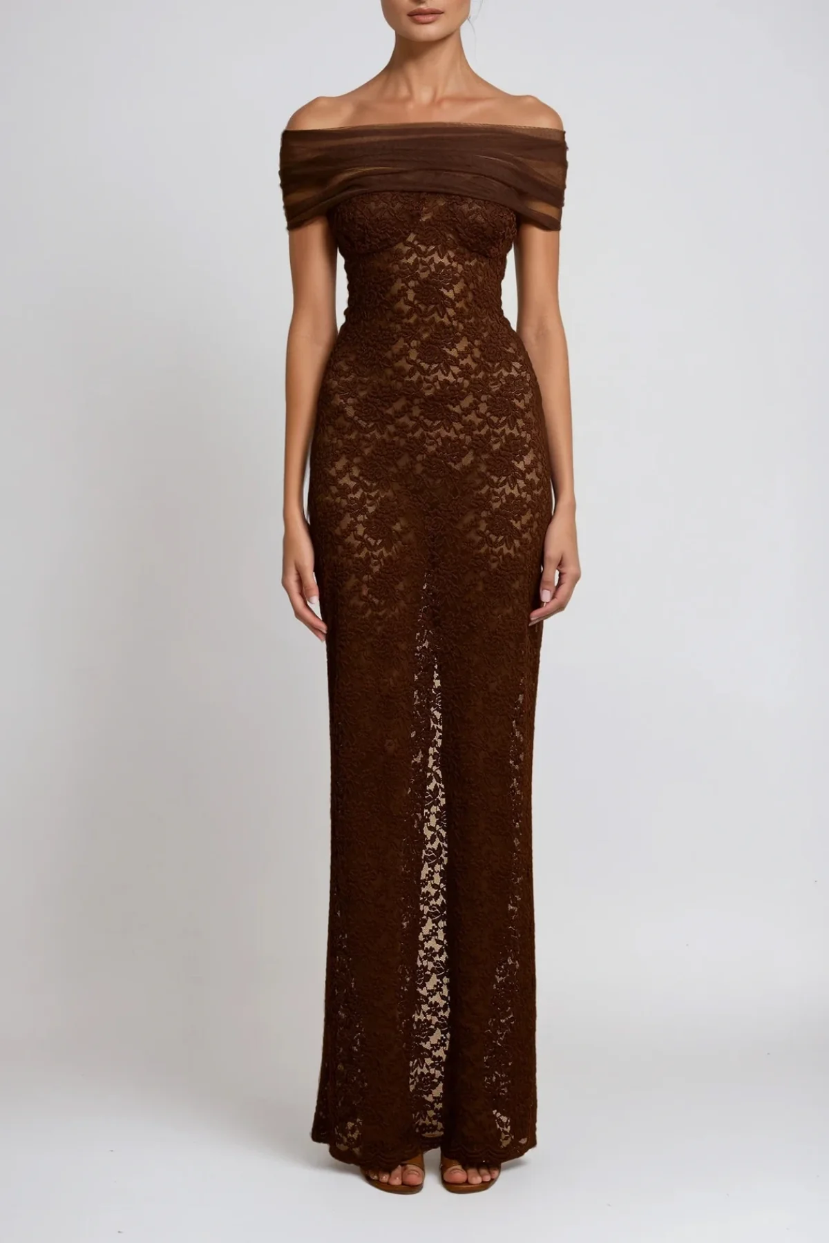 Brown Lace Off Shoulder Maxi Dress