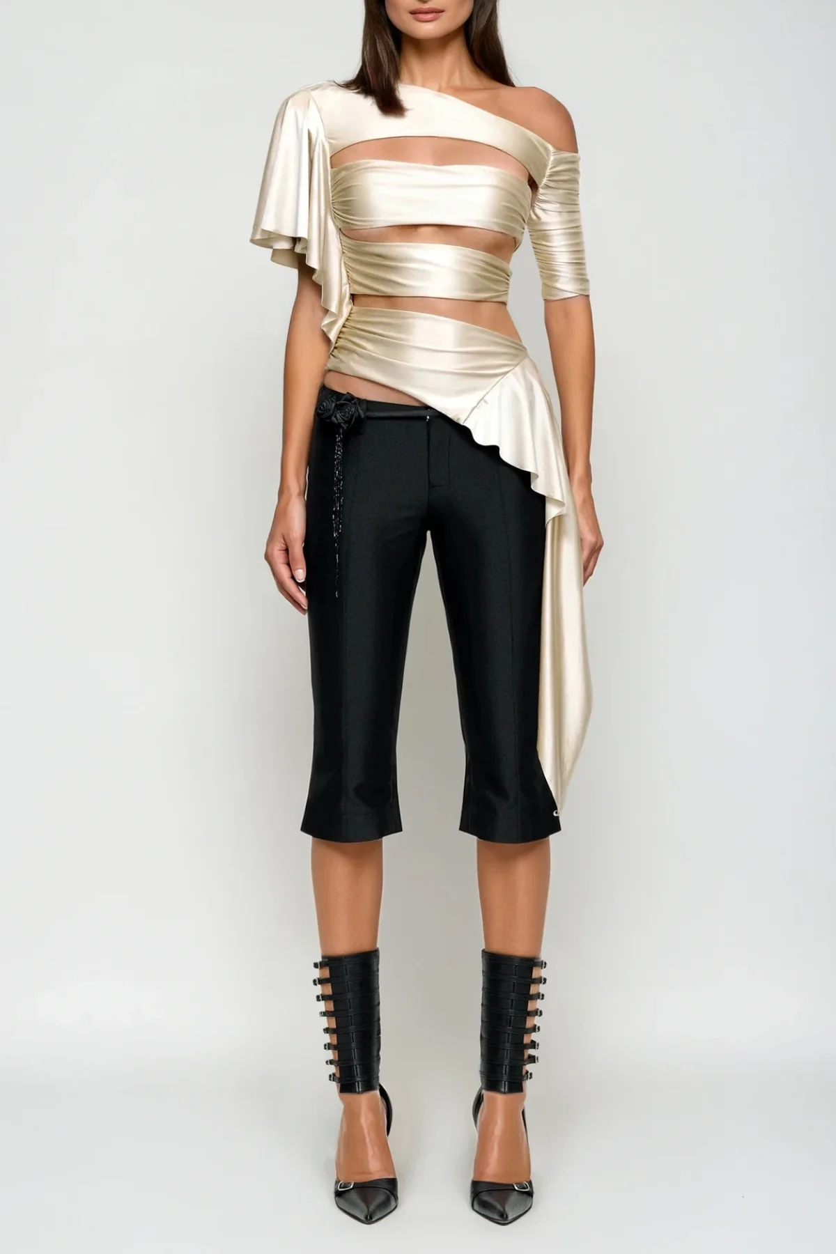 Satin One-Shoulder Cutout Top in White