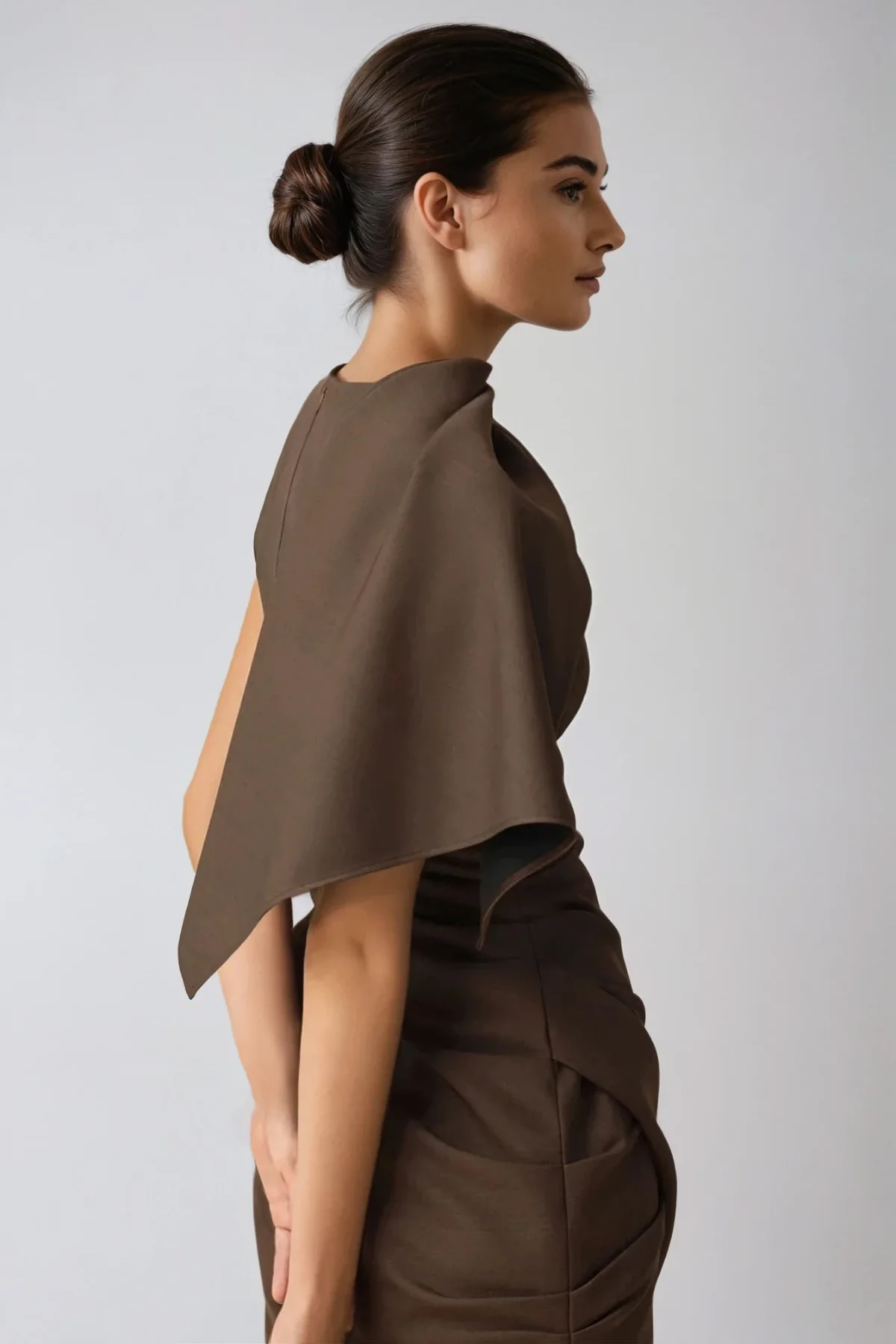 Brown Shawl Ruch Mini Dress for Upscale Events