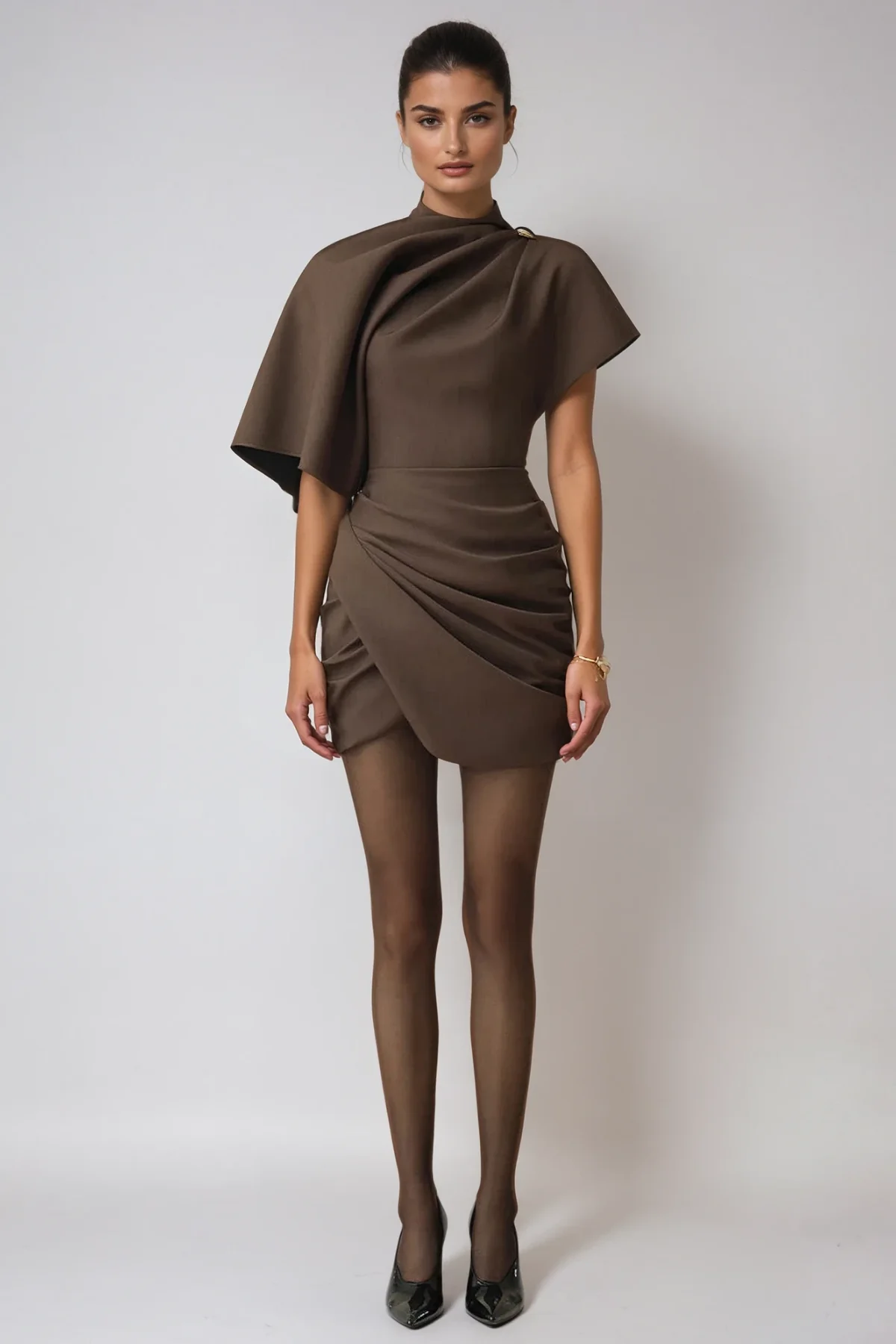 Brown Shawl Ruch Mini Dress for Upscale Events