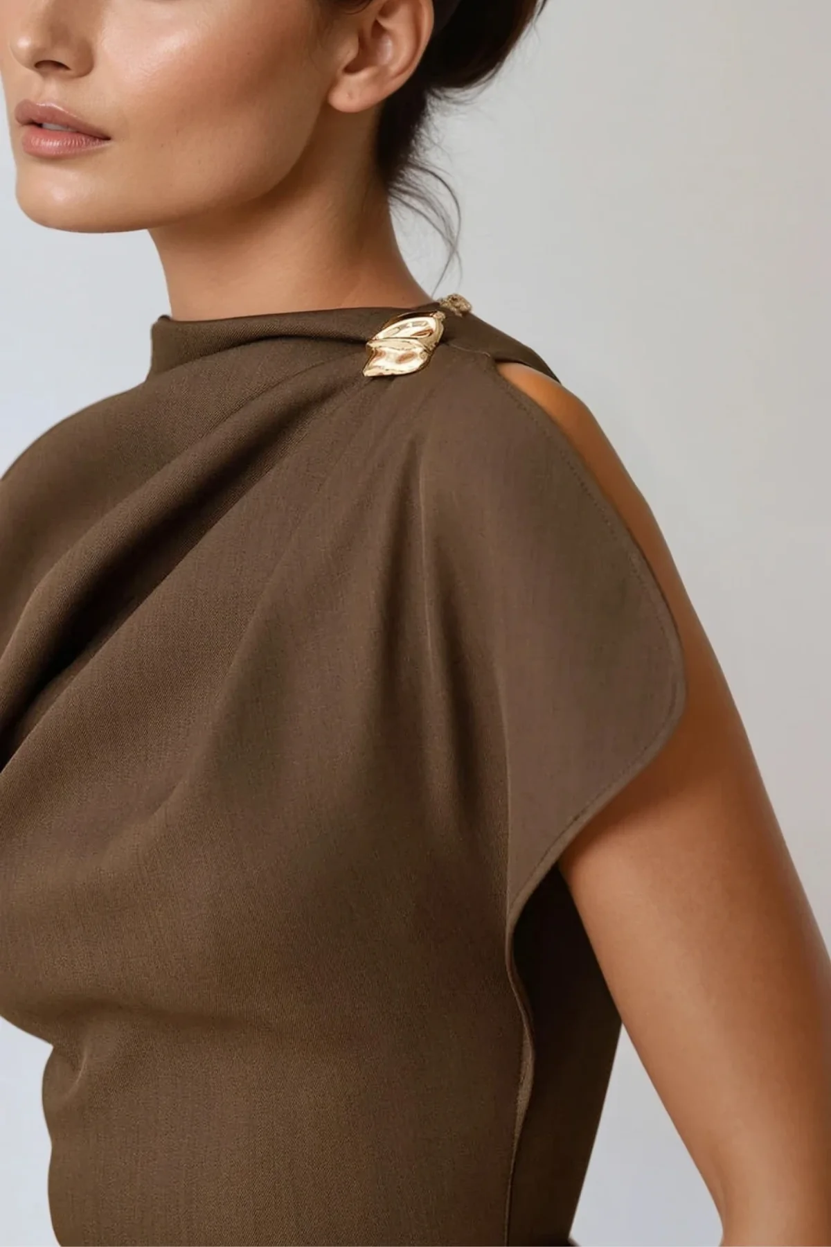 Brown Shawl Ruch Mini Dress for Upscale Events