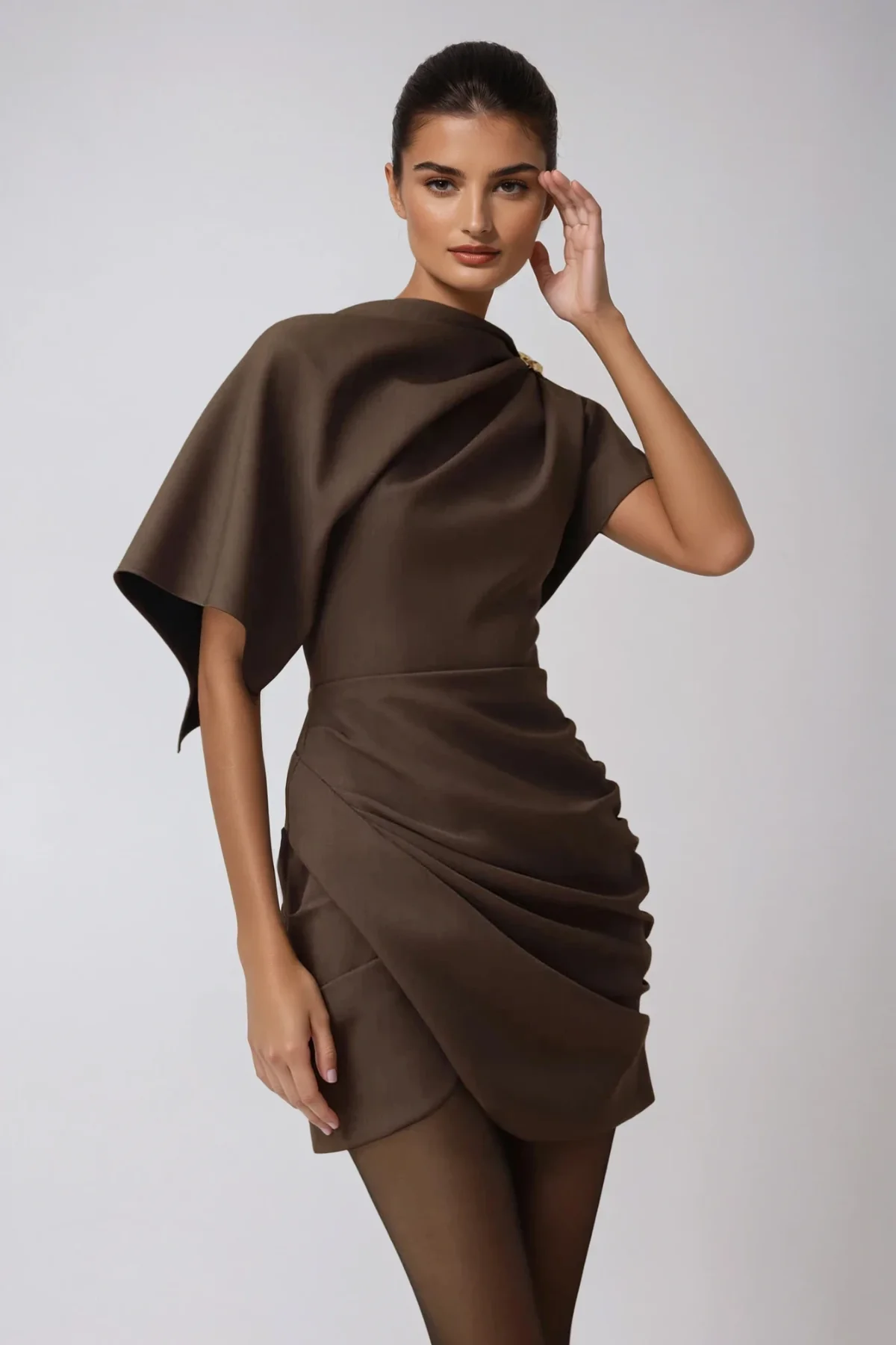 Brown Shawl Ruch Mini Dress for Upscale Events