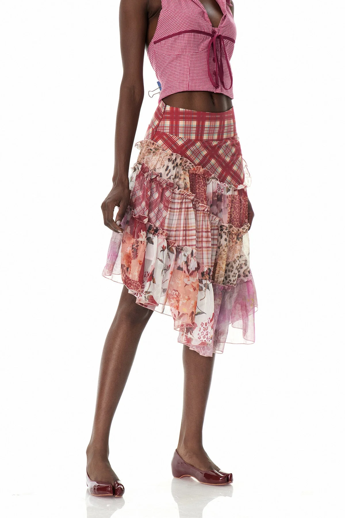 Patchwork Asymmetric Maxi Skirt in Red Romantic Coquette Style