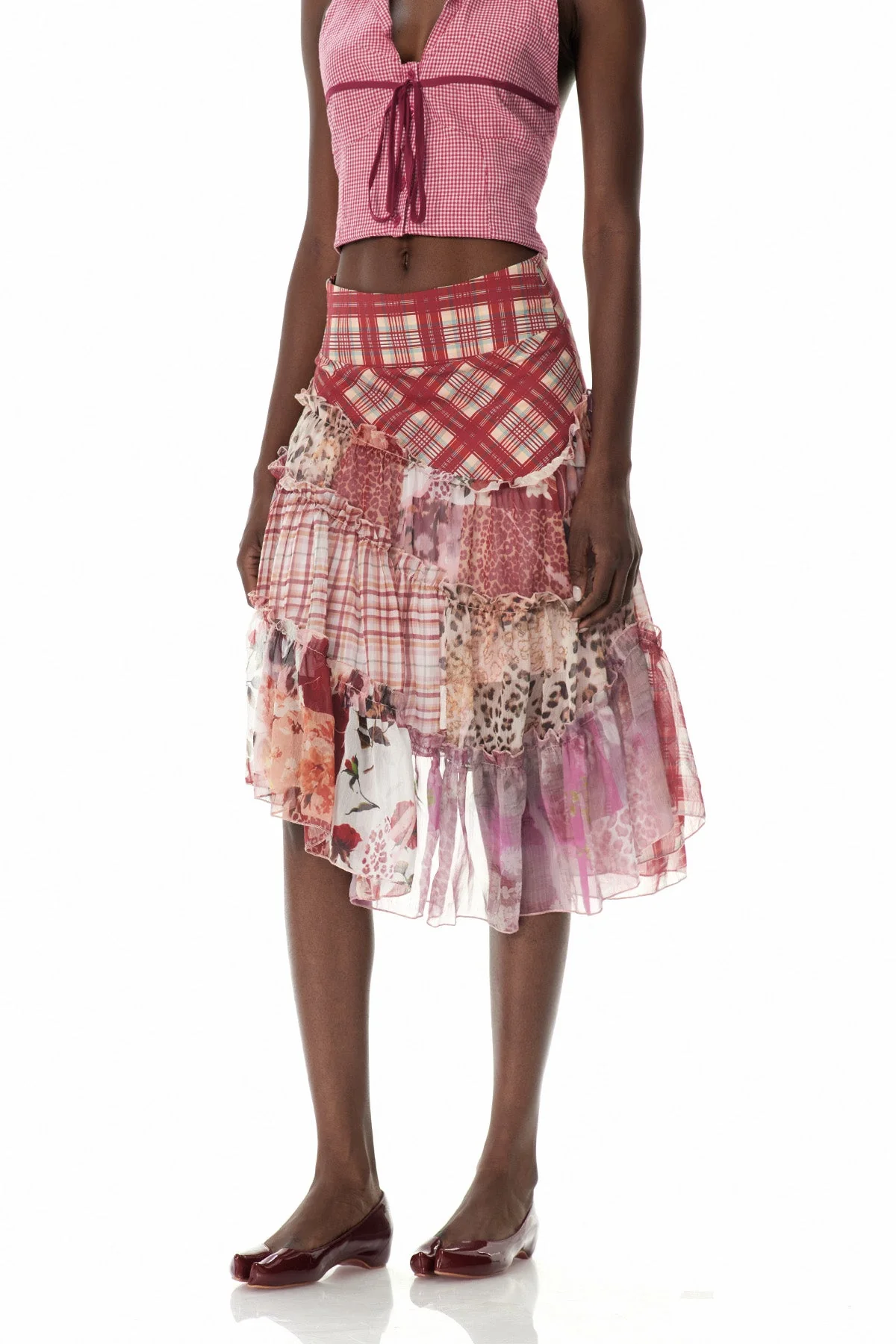 Patchwork Asymmetric Maxi Skirt in Red Romantic Coquette Style