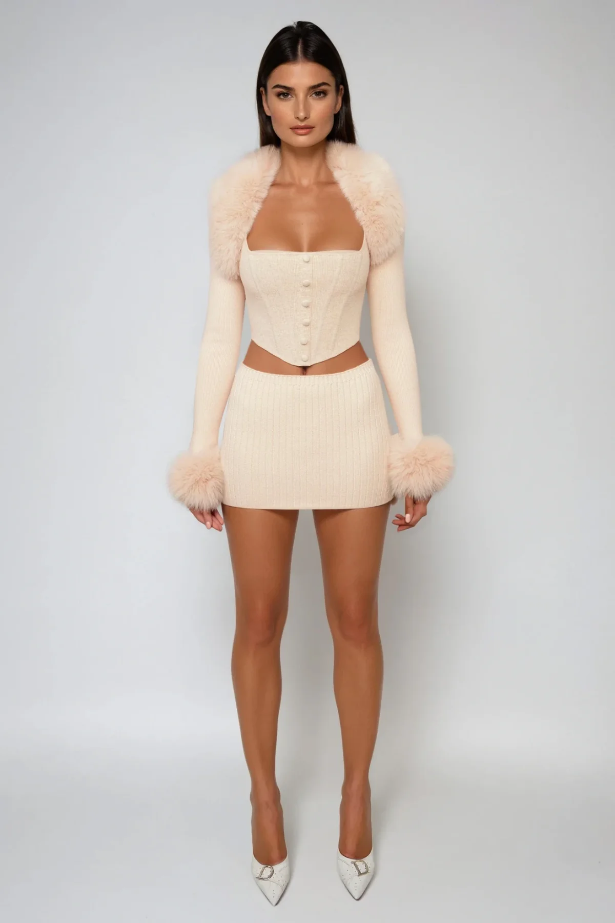 Knit Crop Top Set for Women in Apricot Shade