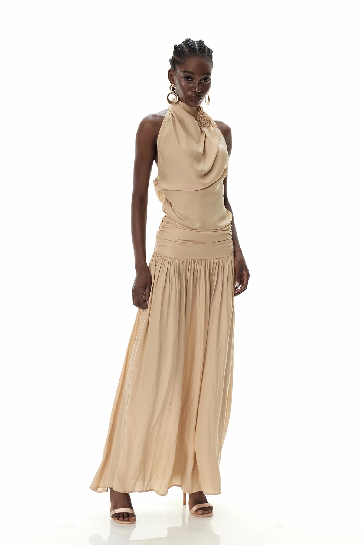 Khaki Floral Ruched Maxi Dress for Women