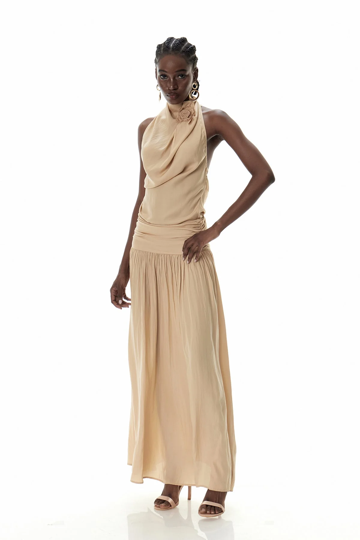 Khaki Floral Ruched Maxi Dress for Women