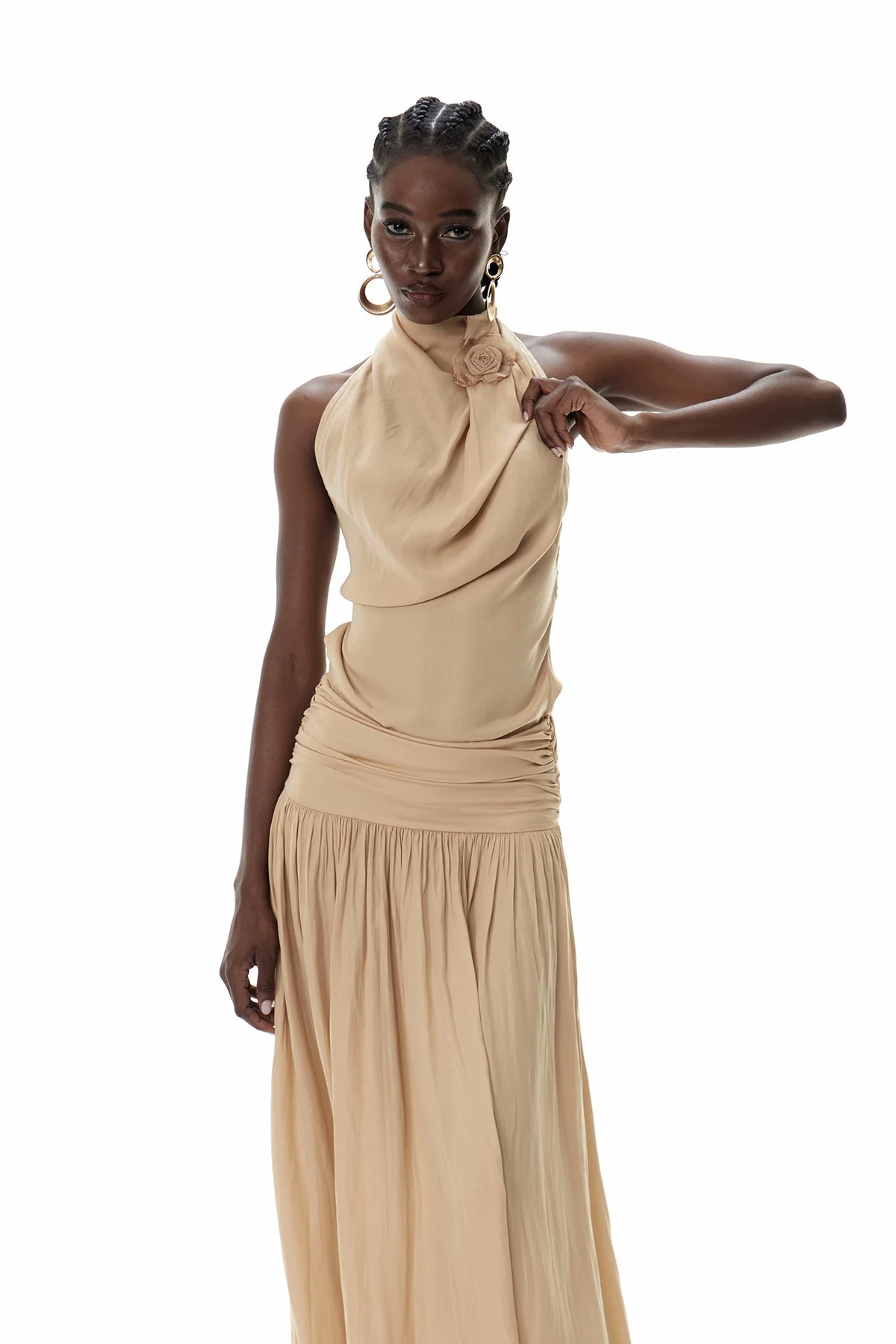 Khaki Floral Ruched Maxi Dress for Women