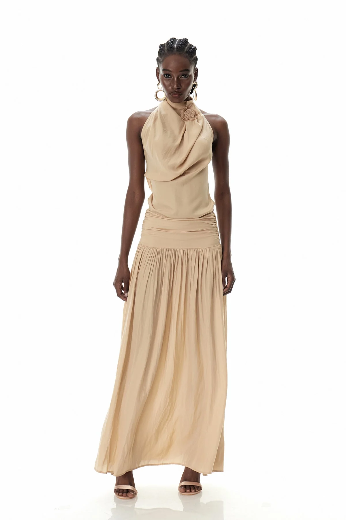 Khaki Floral Ruched Maxi Dress for Women