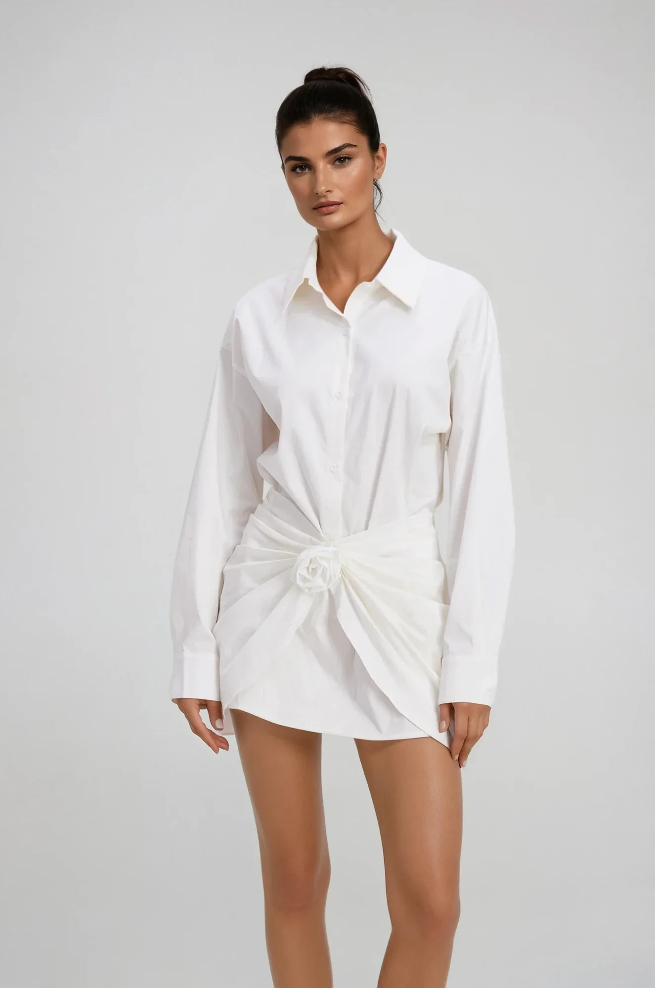 Floral Mini Shirt Dress White Elegant Summer Fashion Women