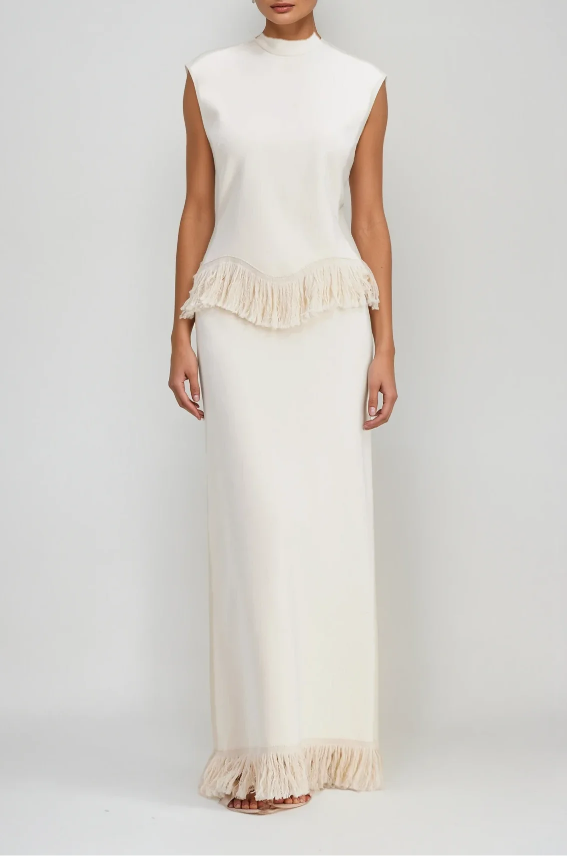 Chic Fringe Knit Skirt Set in Apricot Color