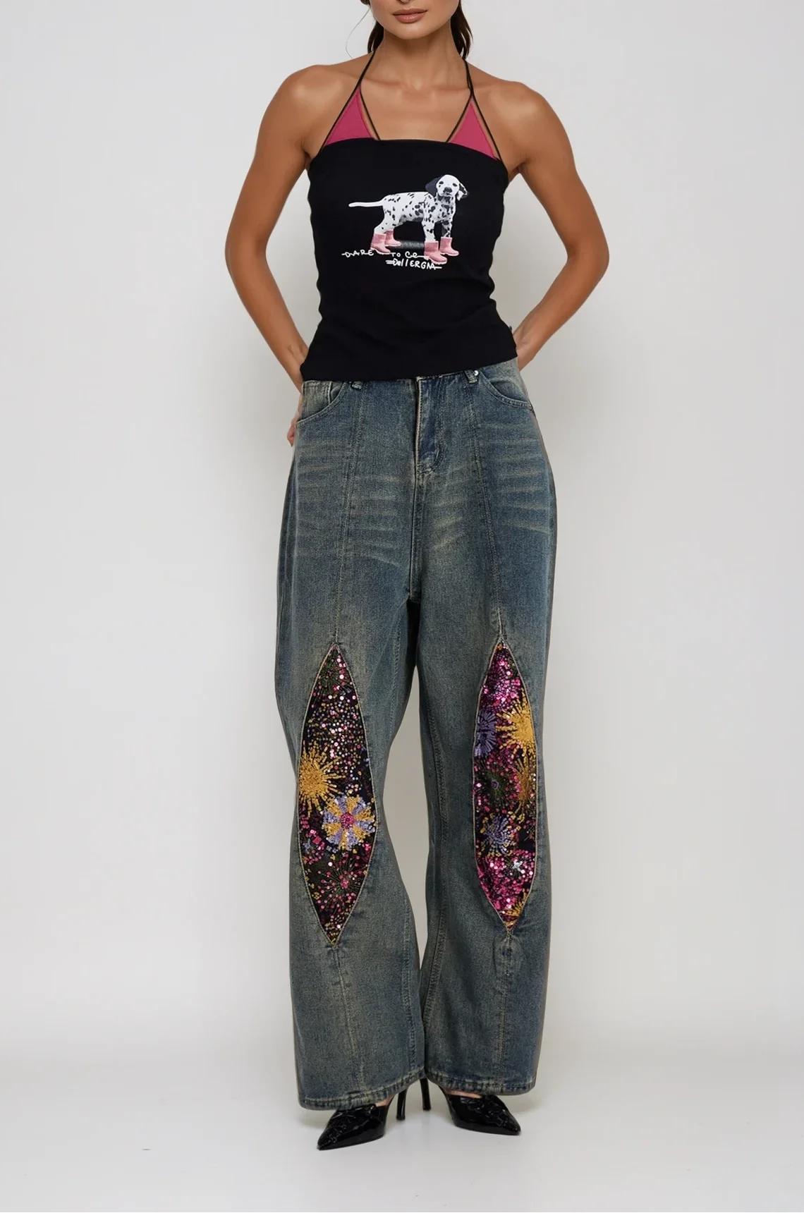 Bleached Embroidered Straight Jeans - Urban Edge Style