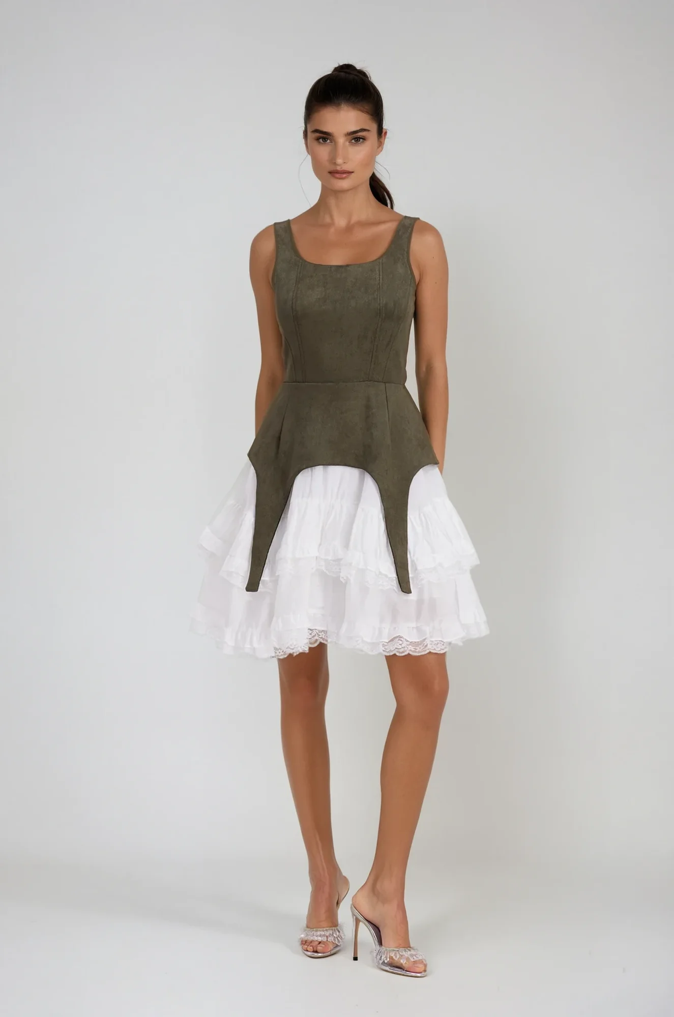 Green Ruffle Lace Sleeveless Mini Dress