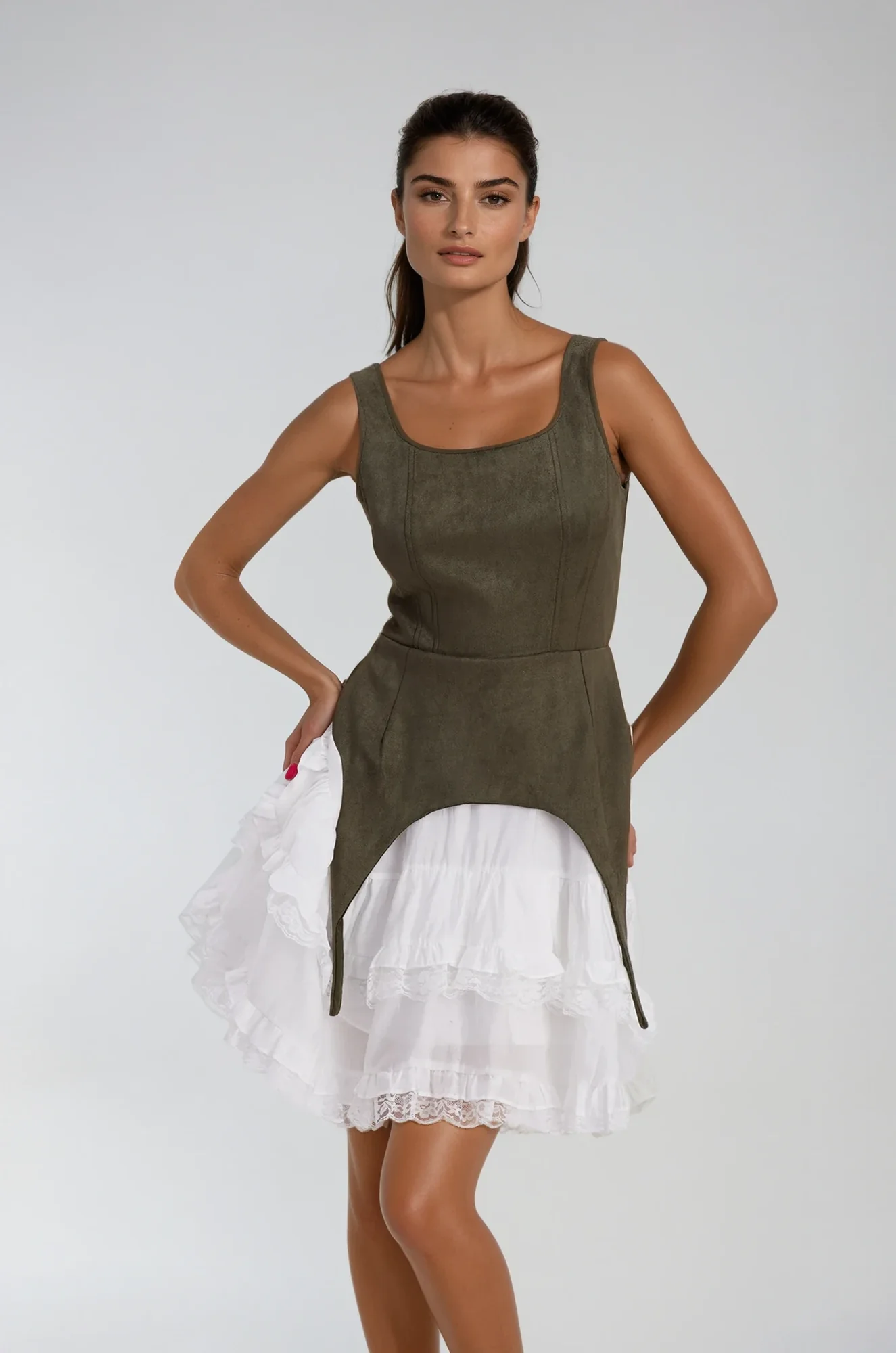 Green Ruffle Lace Sleeveless Mini Dress