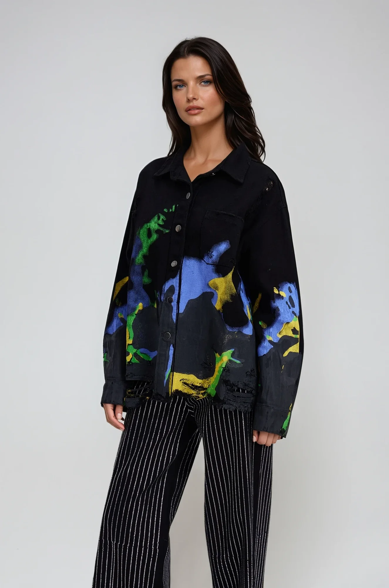 Distressed Print Denim Jacket in Black - Urban Edge Style