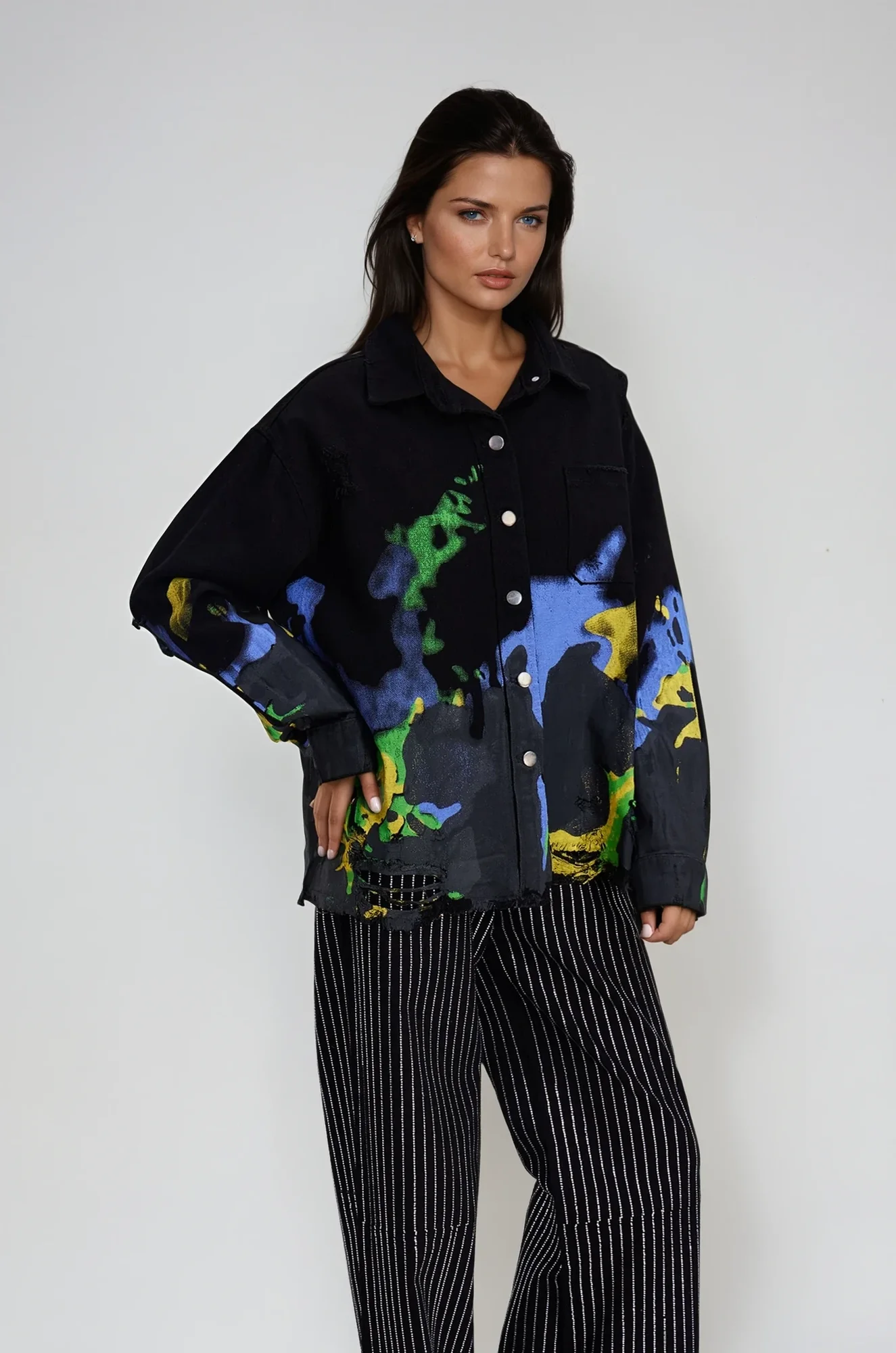 Distressed Print Denim Jacket in Black - Urban Edge Style