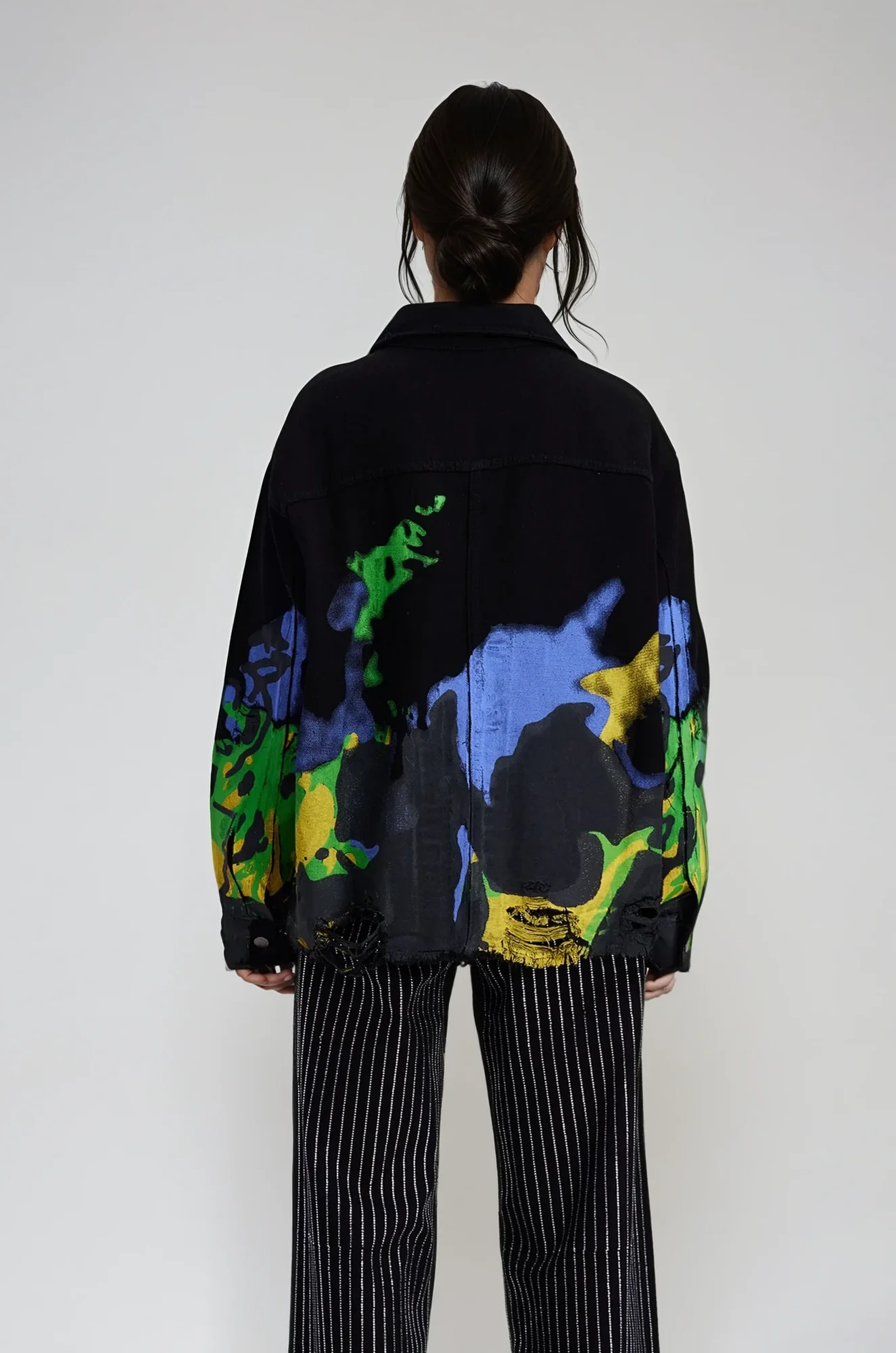 Distressed Print Denim Jacket in Black - Urban Edge Style