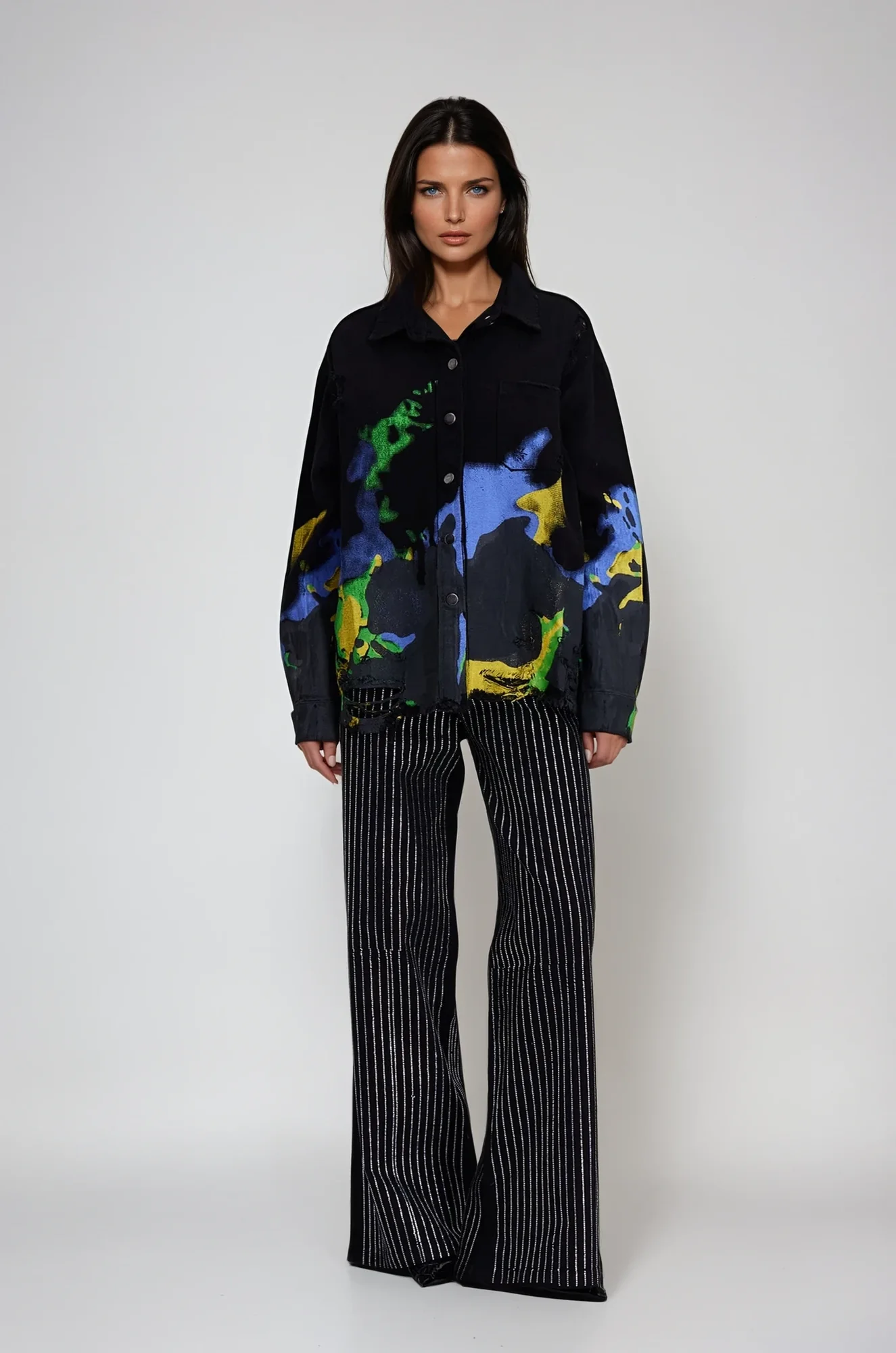 Distressed Print Denim Jacket in Black - Urban Edge Style