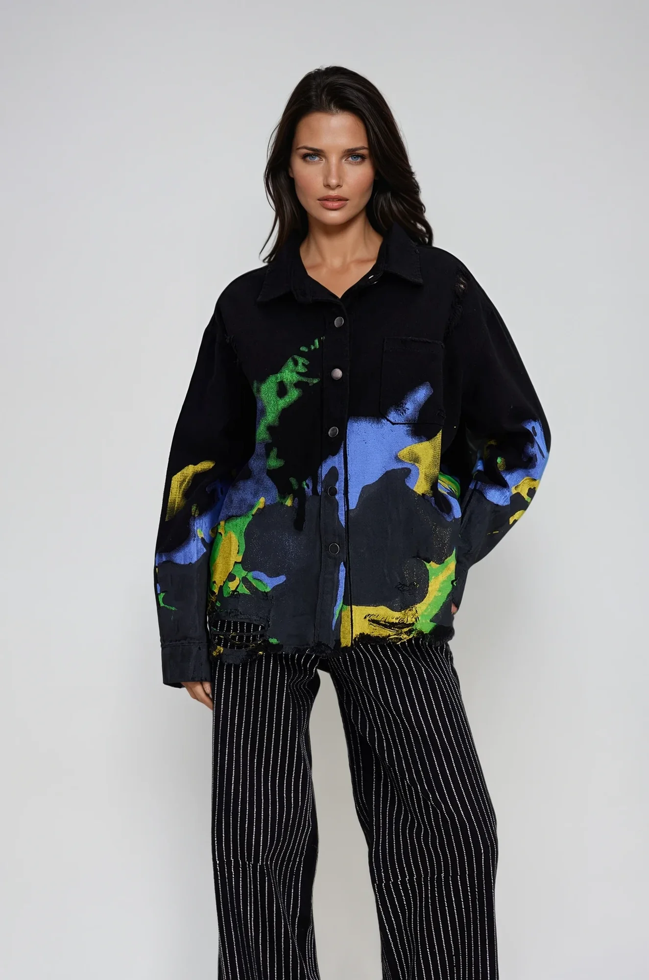 Distressed Print Denim Jacket in Black - Urban Edge Style