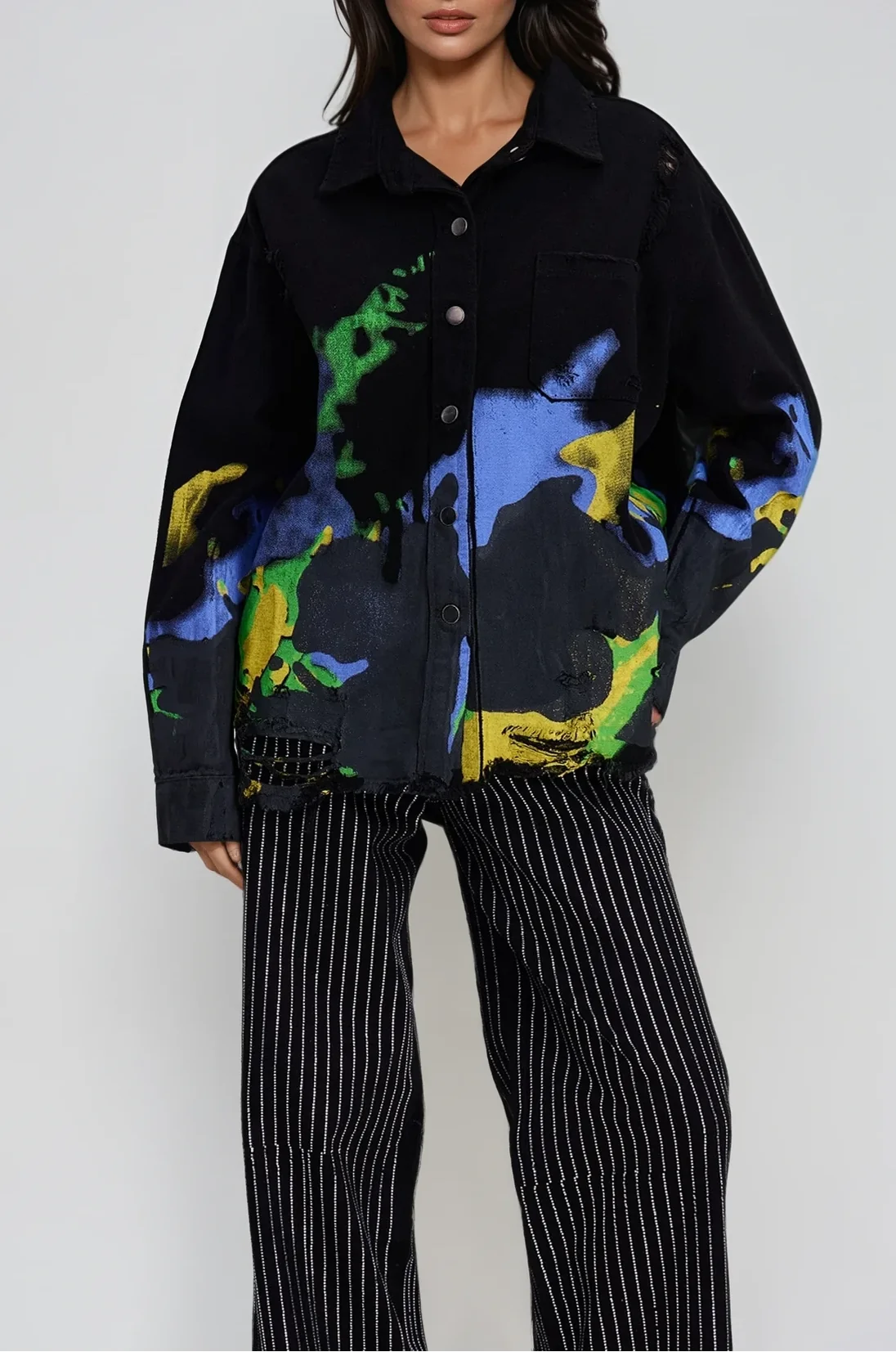 Distressed Print Denim Jacket in Black - Urban Edge Style