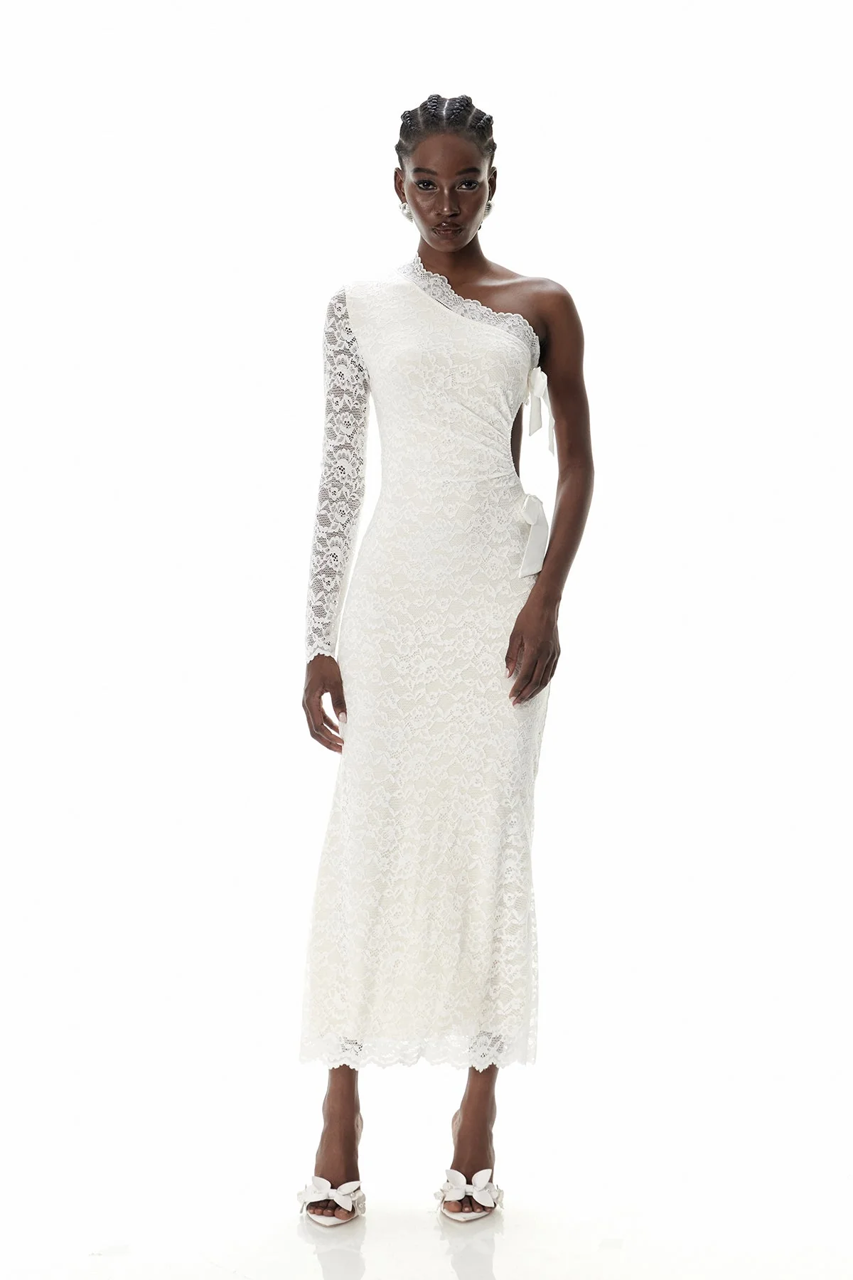 White Asymmetric One Shoulder Lace Maxi Dress
