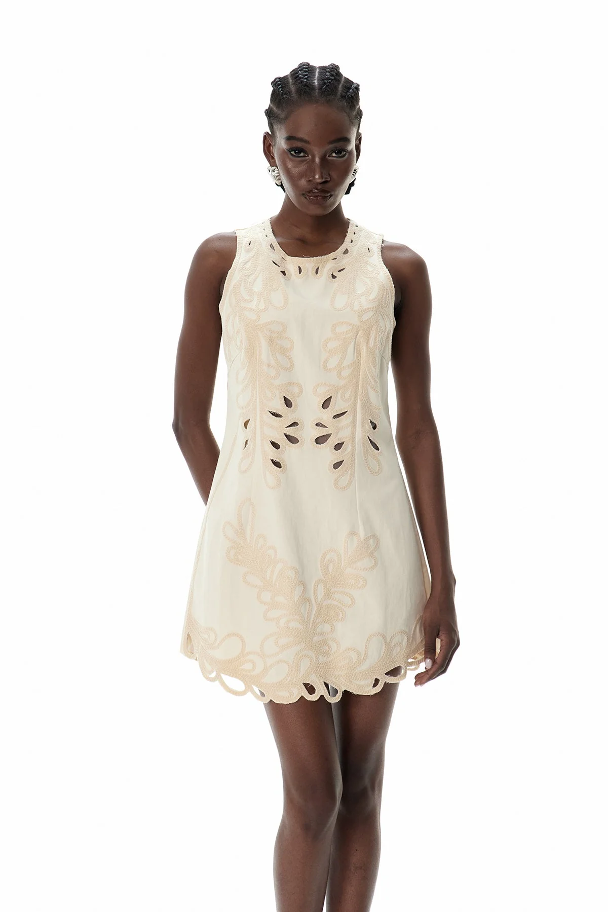 Beige Embroidered Sleeveless Mini Dress