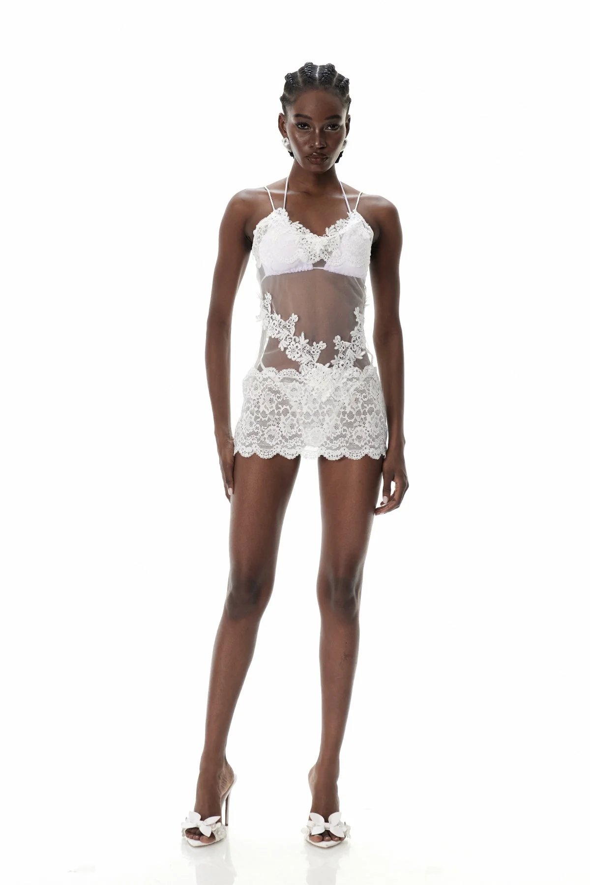 White Lace Mesh Mini Dress - Elegant Evening Wear