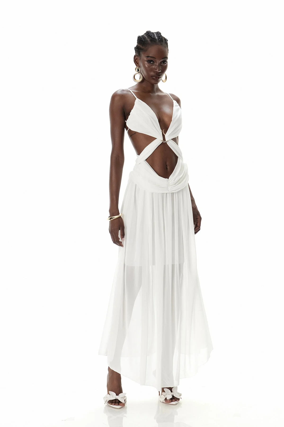 Flowing White Maxi Dress with Cutout Details