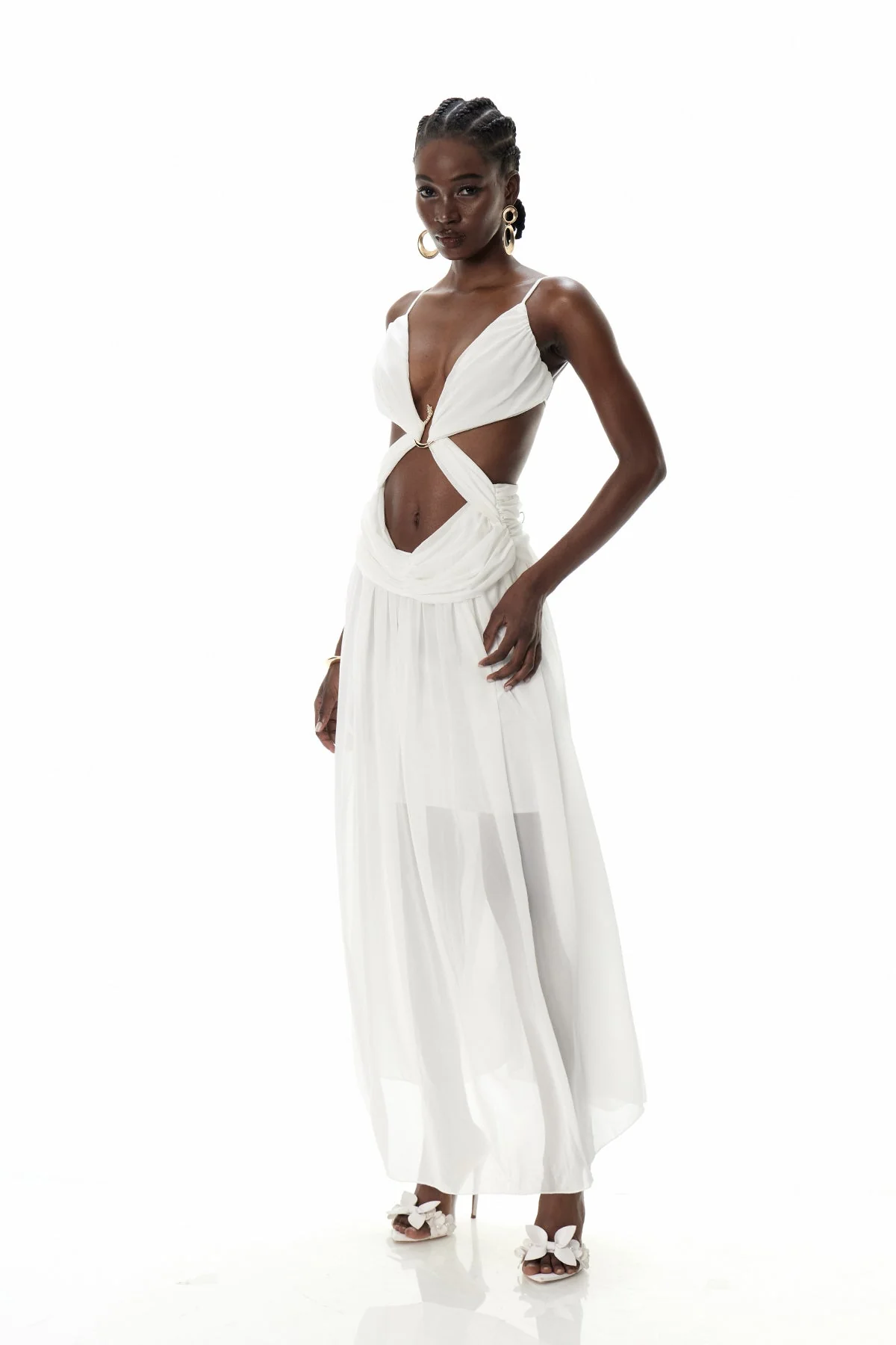 Flowing White Maxi Dress with Cutout Details