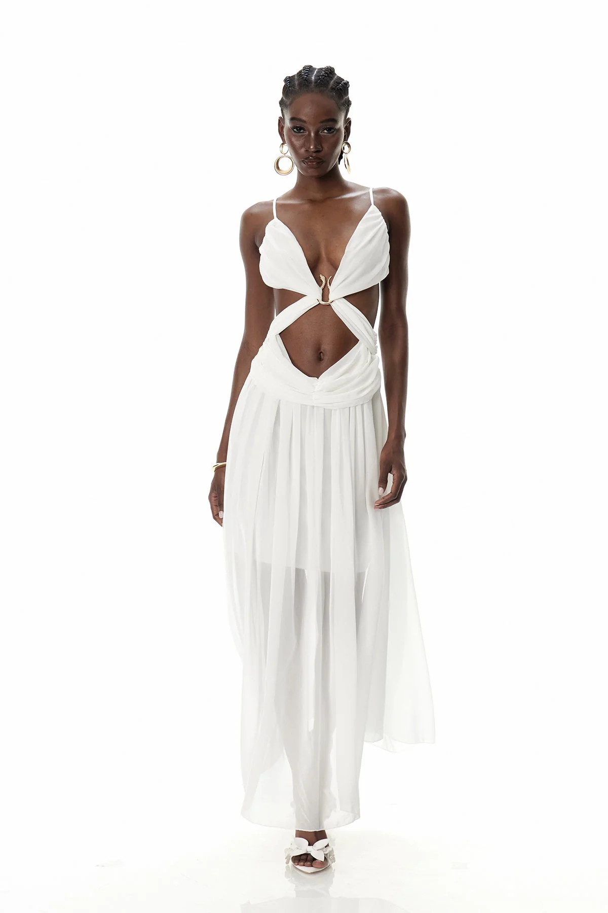 Flowing White Maxi Dress with Cutout Details