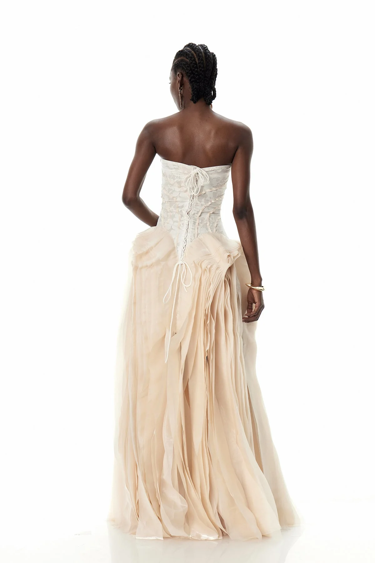 Beige Strapless Corset Mesh Maxi Dress
