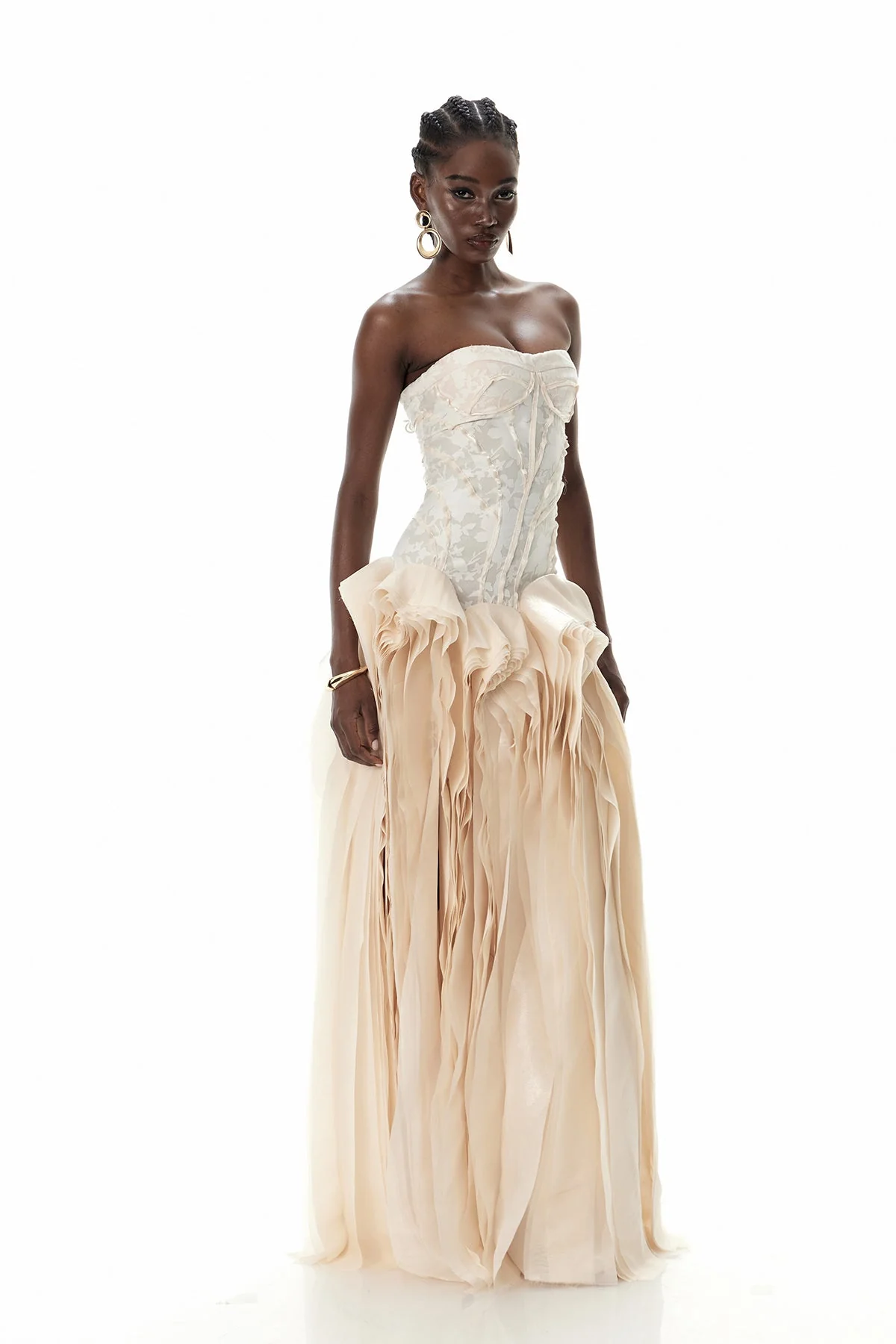 Beige Strapless Corset Mesh Maxi Dress