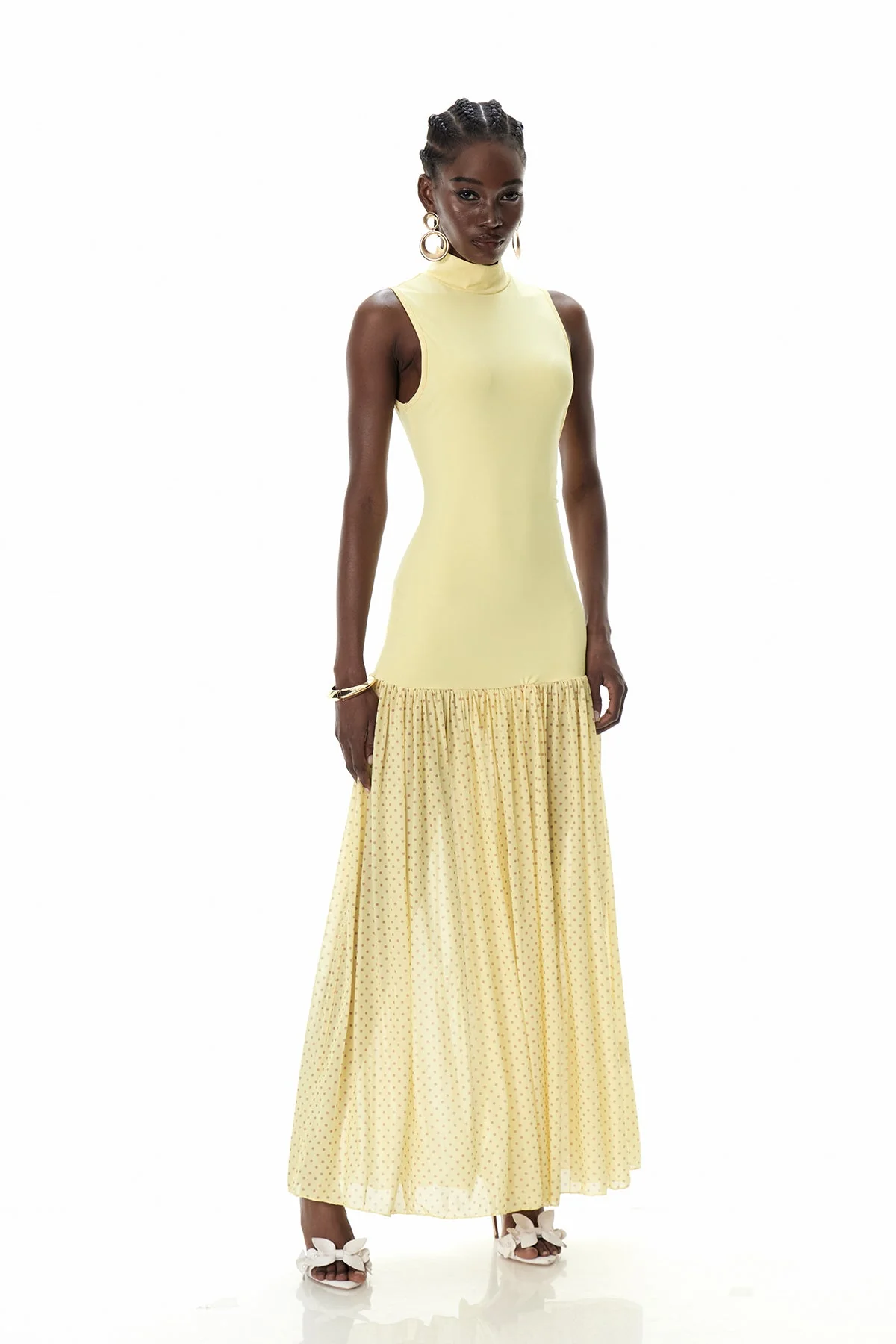 Yellow Sleeveless Polka Dot Maxi Dress