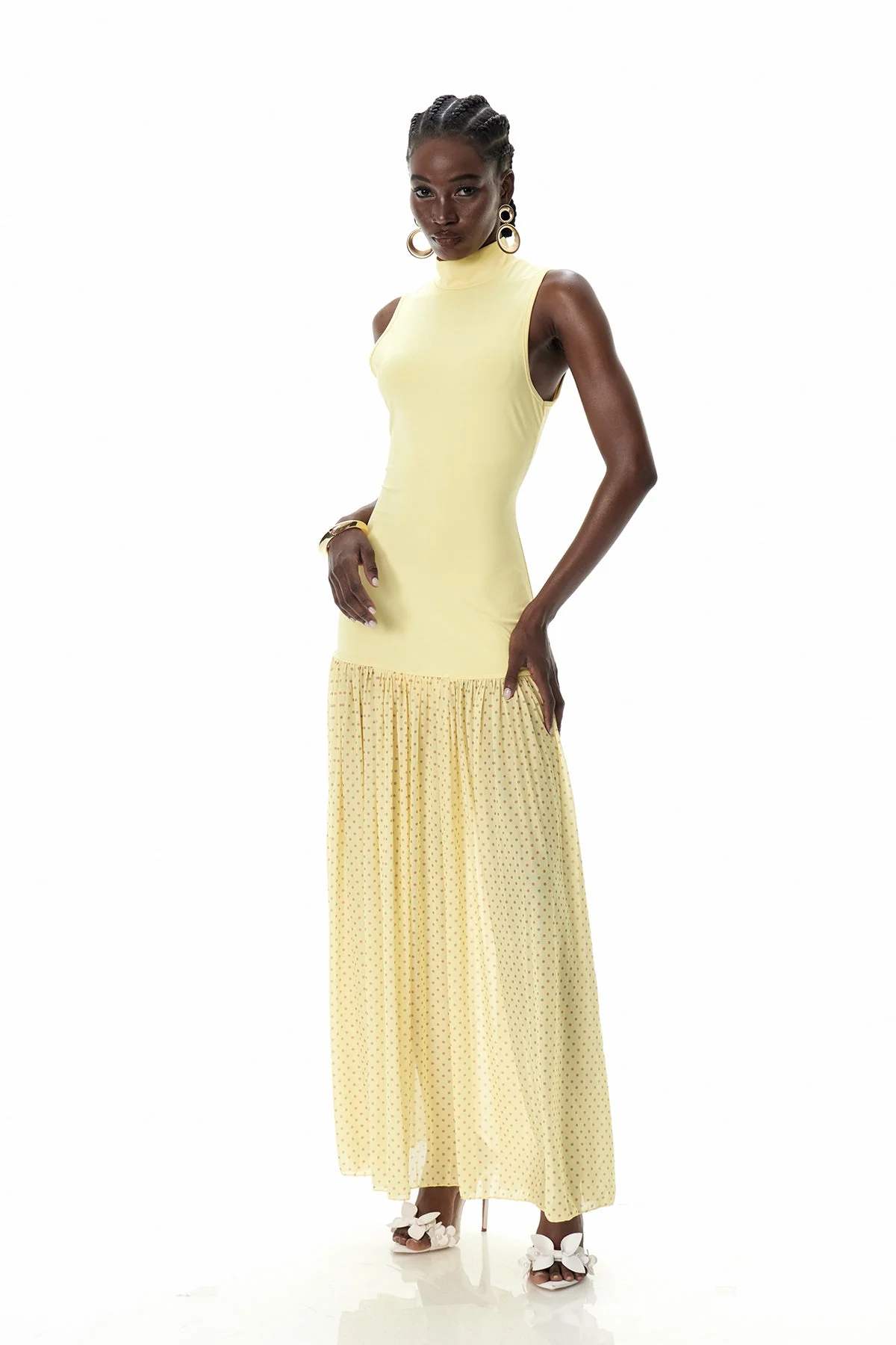 Yellow Sleeveless Polka Dot Maxi Dress